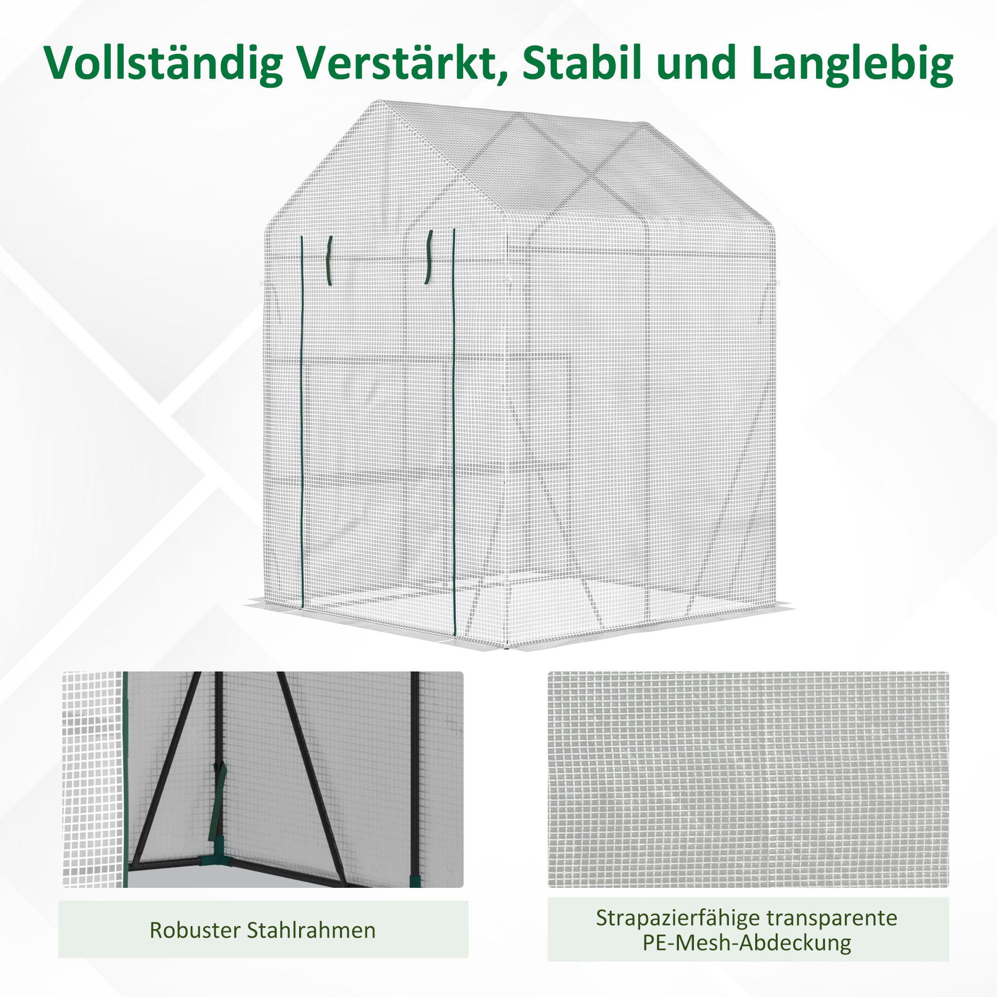 Foliage Greenhouse Walk-in Greenhouse with 4 Shelves Tomato Greenhouse Greenhouse with Zipper Doors White Steel PE Plastic 143 x 143 x 195 cm