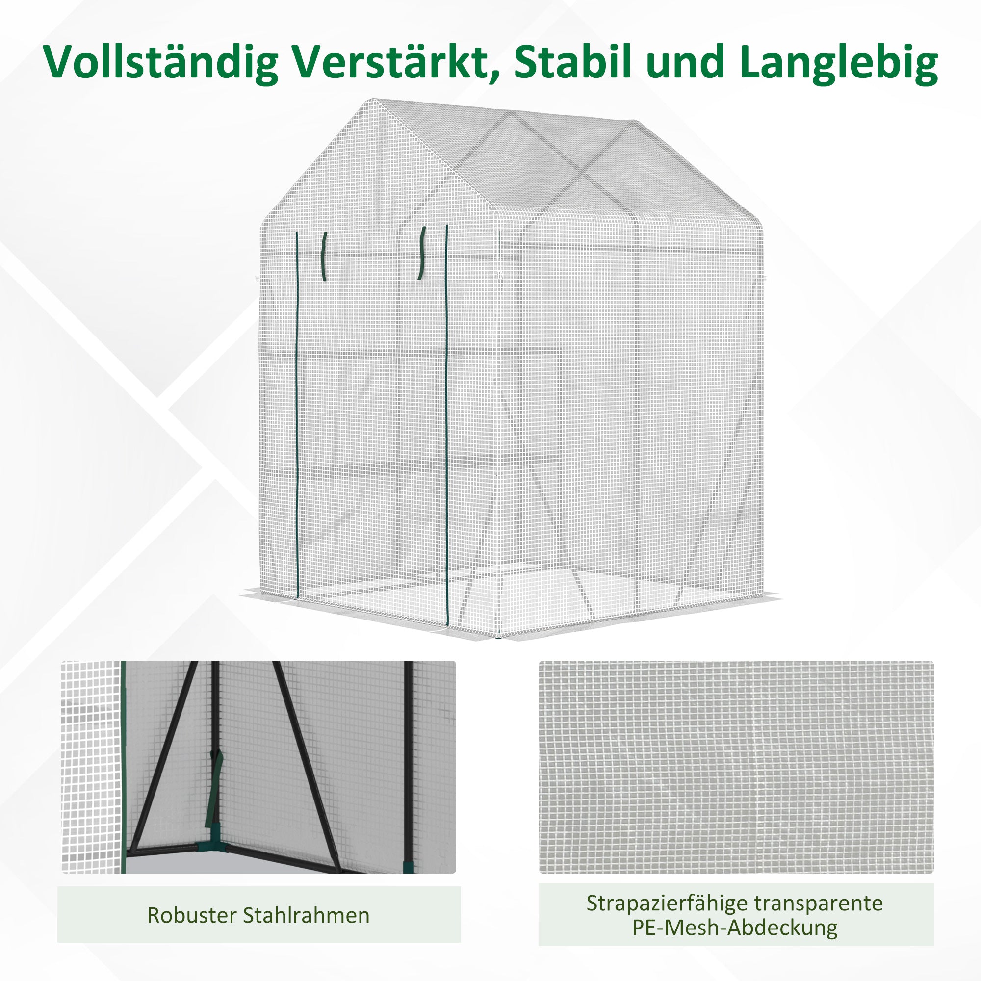 Foliage Greenhouse Walk-in Greenhouse with 4 Shelves Tomato Greenhouse Greenhouse with Zipper Doors White Steel PE Plastic 143 x 143 x 195 cm