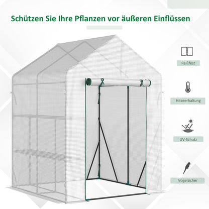 Foliage Greenhouse Walk-in Greenhouse with 4 Shelves Tomato Greenhouse Greenhouse with Zipper Doors White Steel PE Plastic 143 x 143 x 195 cm