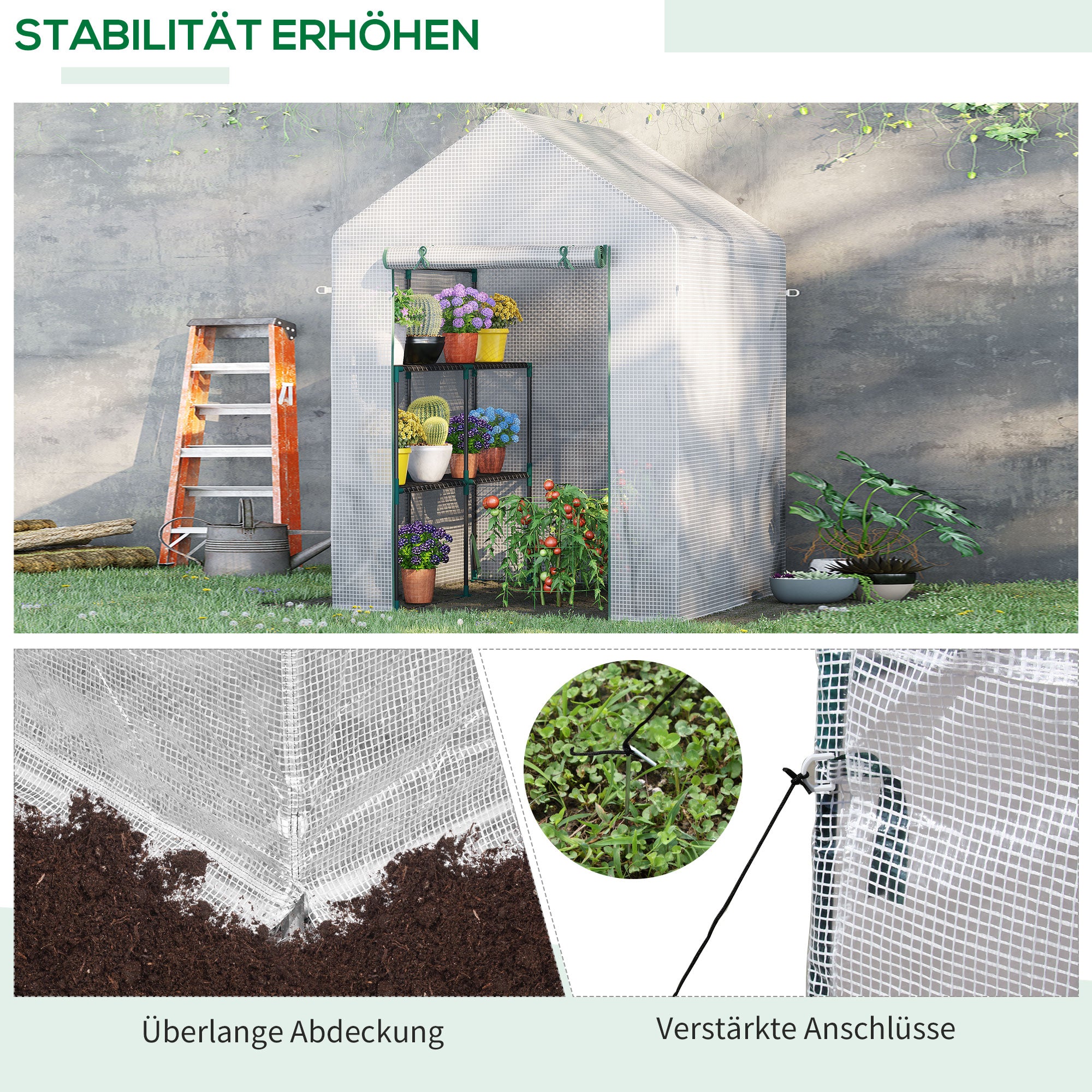 Foliage Greenhouse Walk-in Greenhouse with 4 Shelves Tomato Greenhouse Greenhouse with Zipper Doors White Steel PE Plastic 143 x 143 x 195 cm