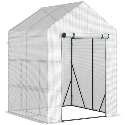 Foliage Greenhouse Walk-in Greenhouse with 4 Shelves Tomato Greenhouse Greenhouse with Zipper Doors White Steel PE Plastic 143 x 143 x 195 cm