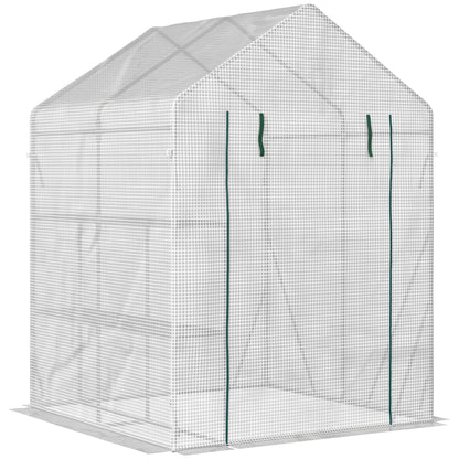 Foliage Greenhouse Walk-in Greenhouse with 4 Shelves Tomato Greenhouse Greenhouse with Zipper Doors White Steel PE Plastic 143 x 143 x 195 cm