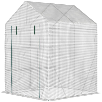 Foliage Greenhouse Walk-in Greenhouse with 4 Shelves Tomato Greenhouse Greenhouse with Zipper Doors White Steel PE Plastic 143 x 143 x 195 cm