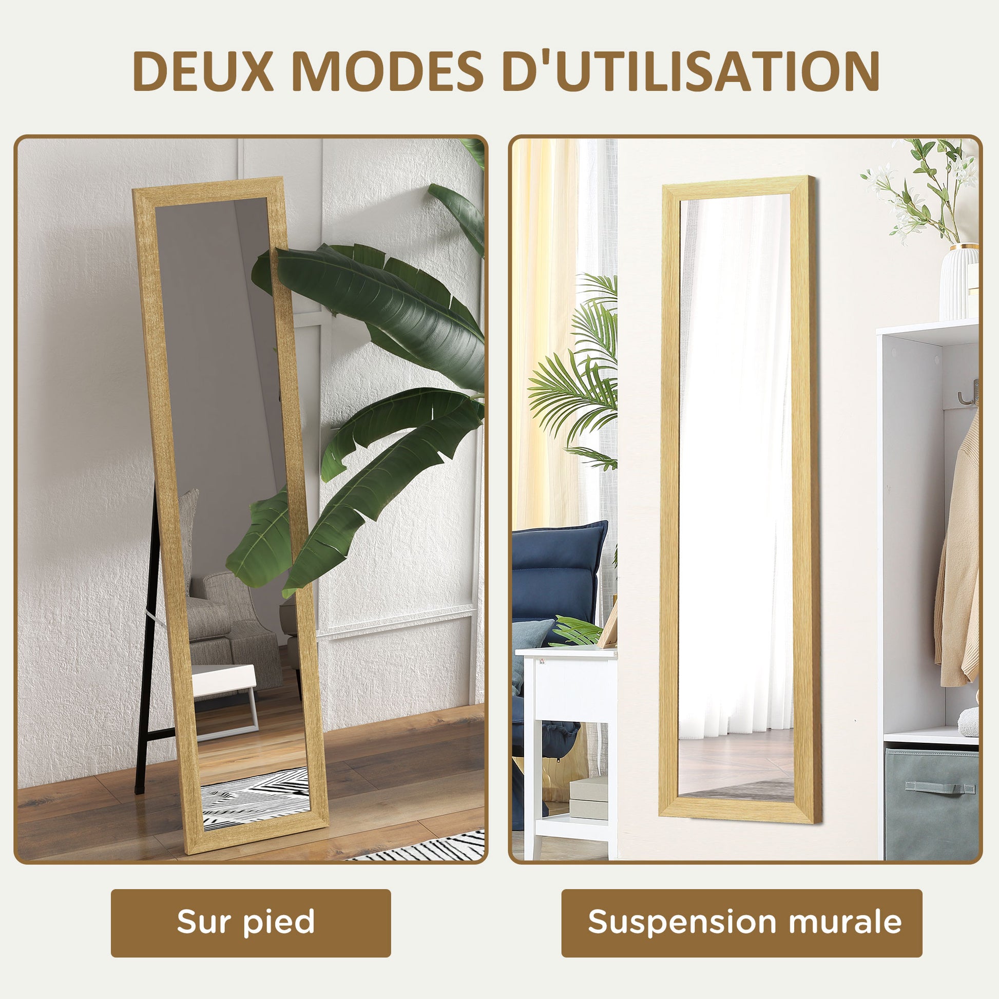 Rectangular Mirror on Wall Stand or Table with Wooden Frame for Living Room Bedroom 37 x 157 cm Natural Wood