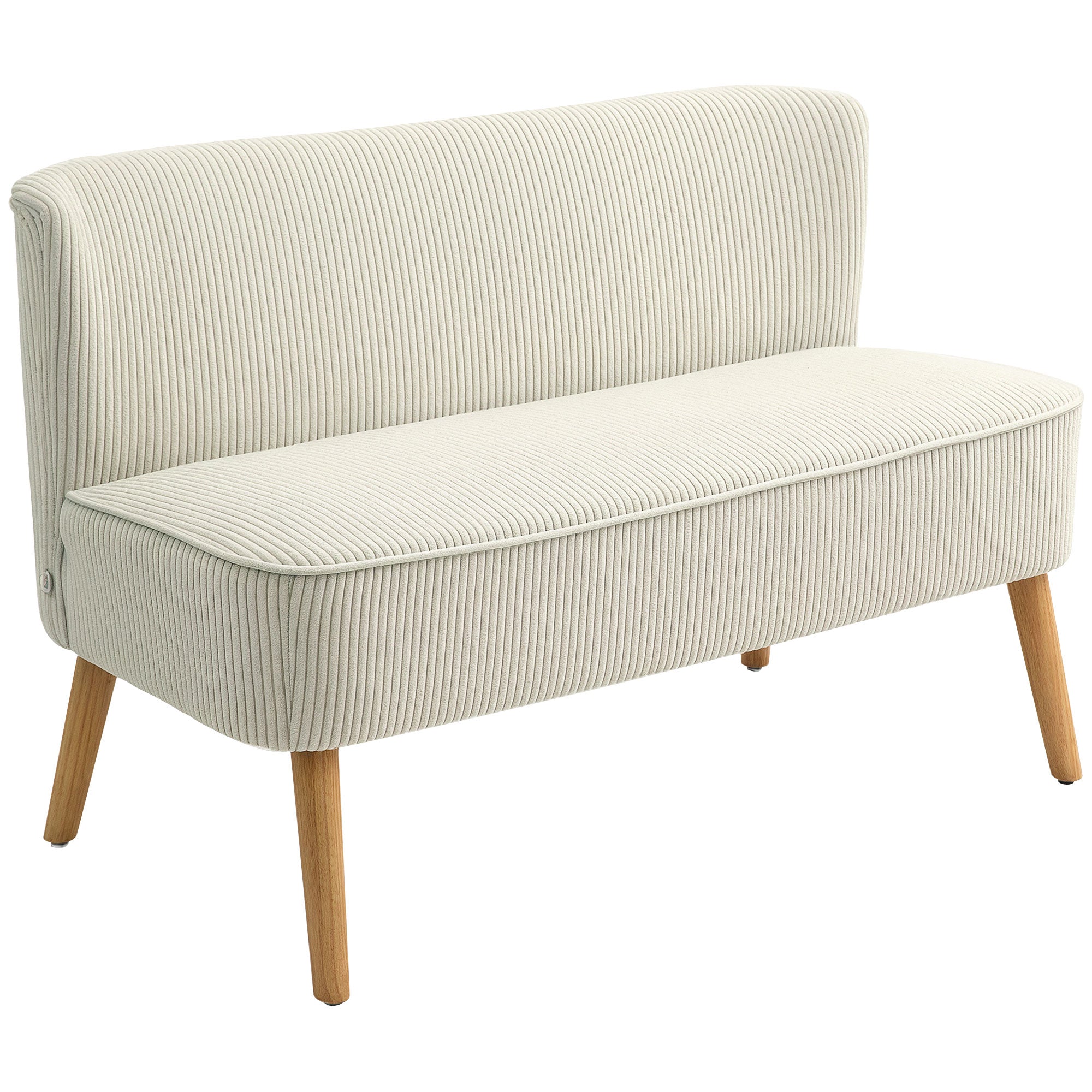 Sofa 2 Seater Modern Couch without Armrest Upholstered Sofa with Corduroy Look, Small Lounge Sofa with Wooden Legs for Living Room, 117 x 56.5 x 77 cm, Cream