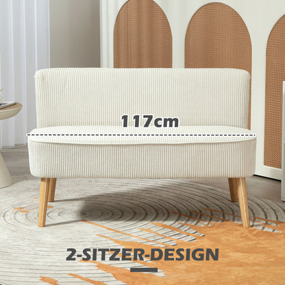 Sofa 2 Seater Modern Couch without Armrest Upholstered Sofa with Corduroy Look, Small Lounge Sofa with Wooden Legs for Living Room, 117 x 56.5 x 77 cm, Cream