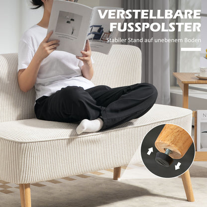 Sofa 2 Seater Modern Couch without Armrest Upholstered Sofa with Corduroy Look, Small Lounge Sofa with Wooden Legs for Living Room, 117 x 56.5 x 77 cm, Cream