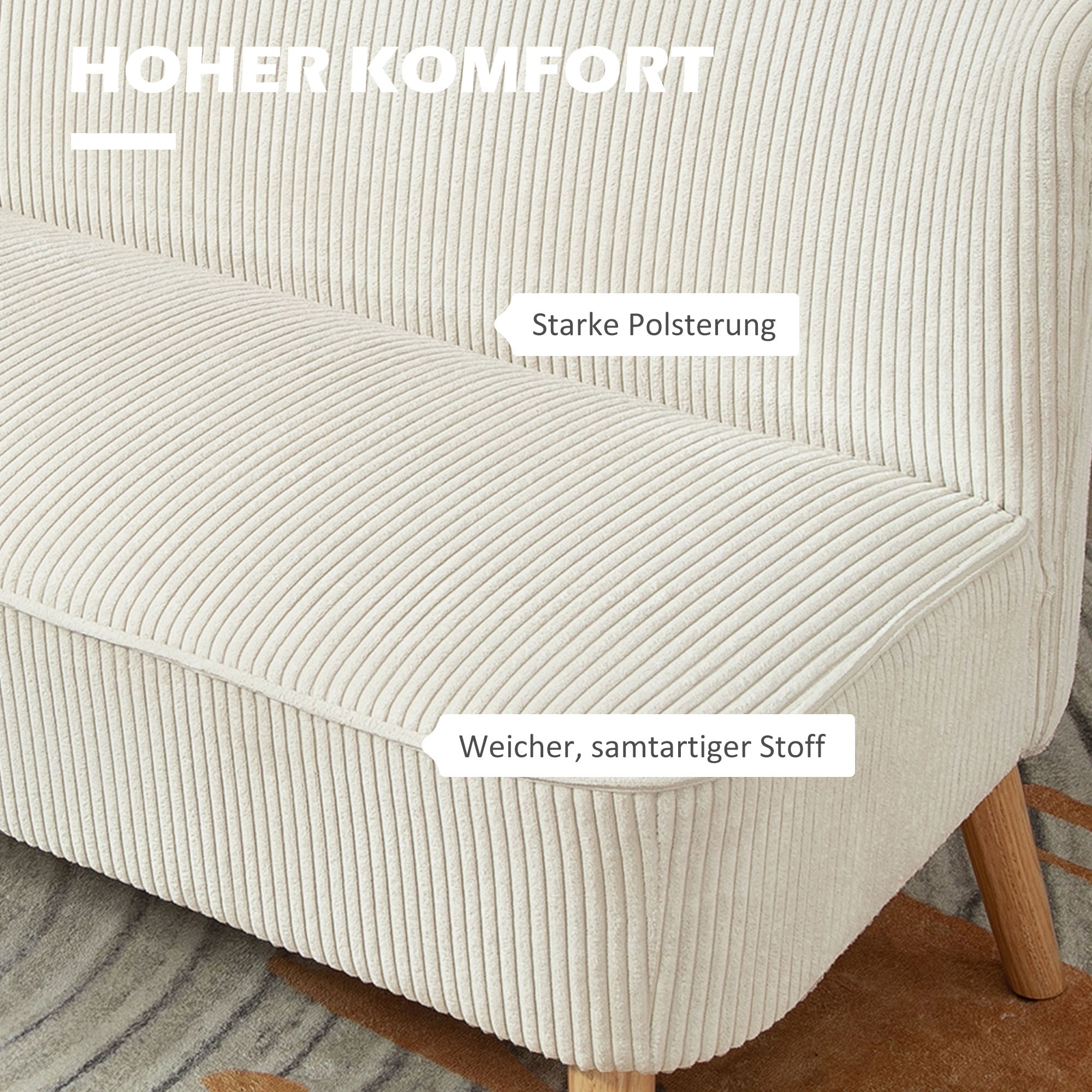 Sofa 2 Seater Modern Couch without Armrest Upholstered Sofa with Corduroy Look, Small Lounge Sofa with Wooden Legs for Living Room, 117 x 56.5 x 77 cm, Cream