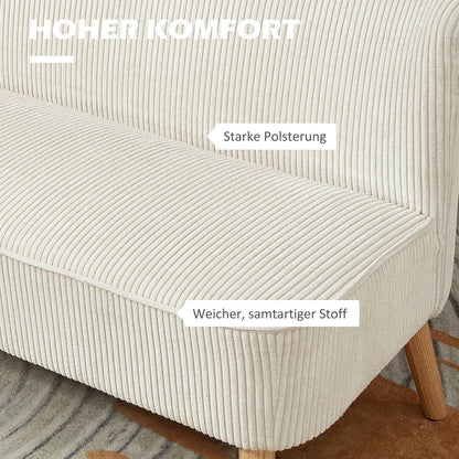 Sofa 2 Seater Modern Couch without Armrest Upholstered Sofa with Corduroy Look, Small Lounge Sofa with Wooden Legs for Living Room, 117 x 56.5 x 77 cm, Cream