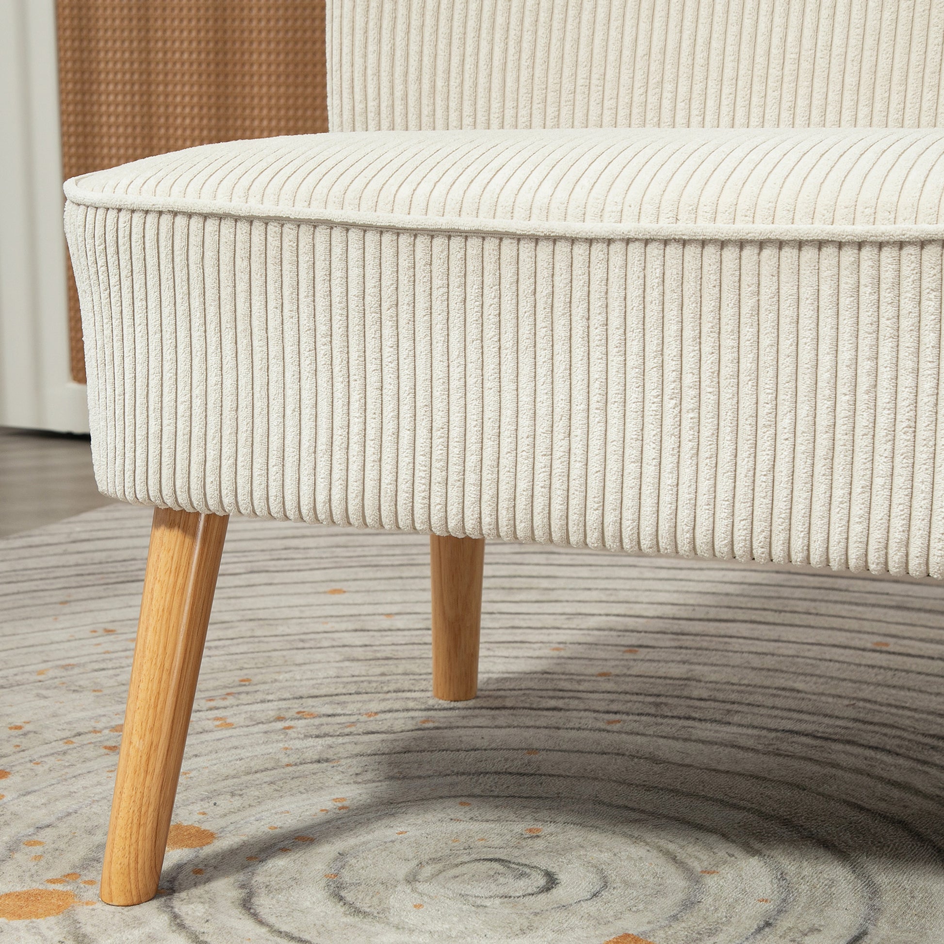 Sofa 2 Seater Modern Couch without Armrest Upholstered Sofa with Corduroy Look, Small Lounge Sofa with Wooden Legs for Living Room, 117 x 56.5 x 77 cm, Cream