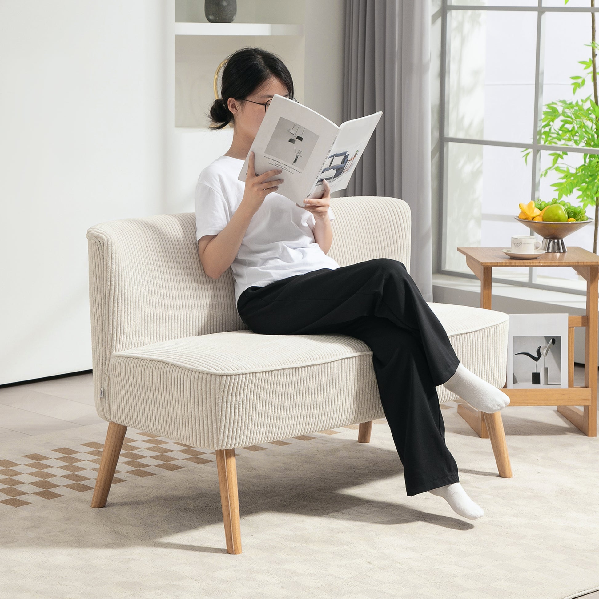 Sofa 2 Seater Modern Couch without Armrest Upholstered Sofa with Corduroy Look, Small Lounge Sofa with Wooden Legs for Living Room, 117 x 56.5 x 77 cm, Cream