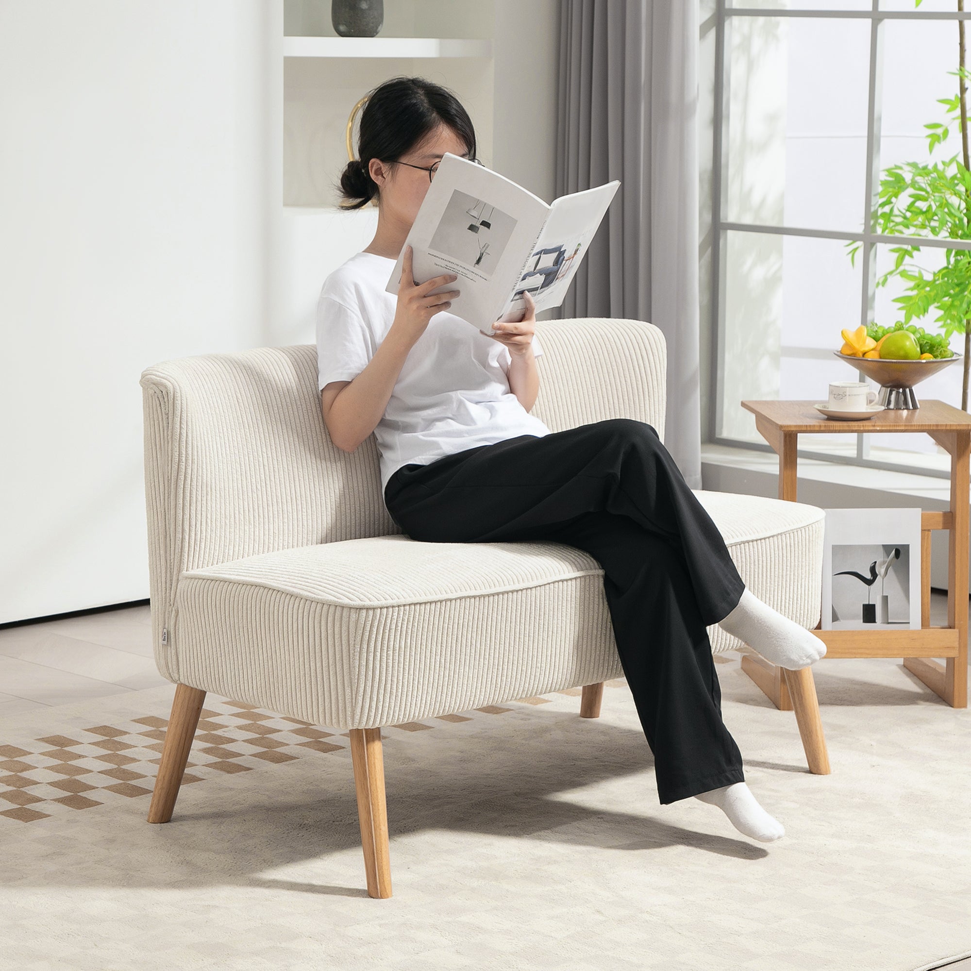 Sofa 2 Seater Modern Couch without Armrest Upholstered Sofa with Corduroy Look, Small Lounge Sofa with Wooden Legs for Living Room, 117 x 56.5 x 77 cm, Cream
