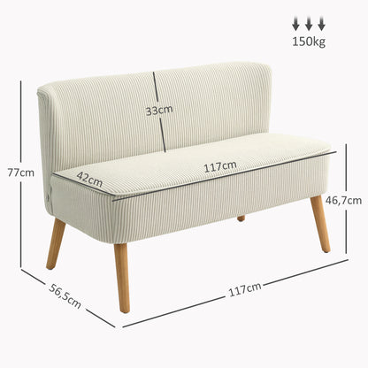 Sofa 2 Seater Modern Couch without Armrest Upholstered Sofa with Corduroy Look, Small Lounge Sofa with Wooden Legs for Living Room, 117 x 56.5 x 77 cm, Cream