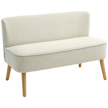 Sofa 2 Seater Modern Couch without Armrest Upholstered Sofa with Corduroy Look, Small Lounge Sofa with Wooden Legs for Living Room, 117 x 56.5 x 77 cm, Cream