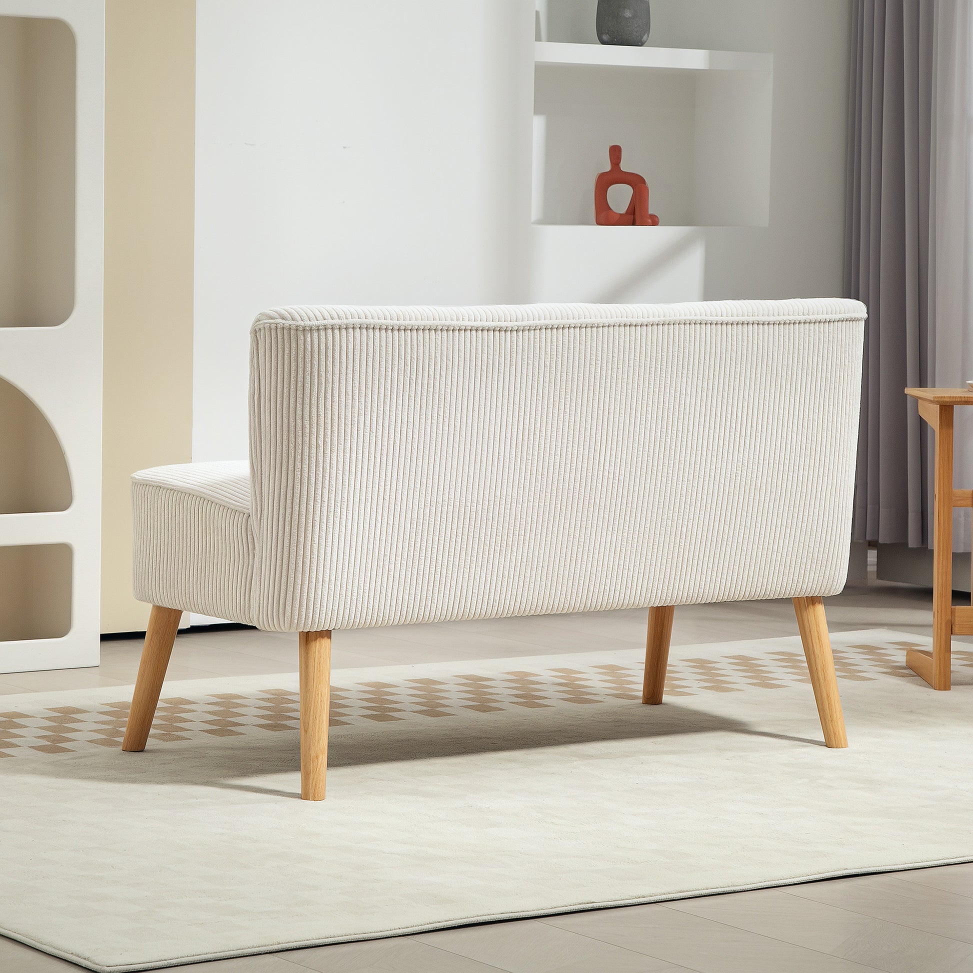 Sofa 2 Seater Modern Couch without Armrest Upholstered Sofa with Corduroy Look, Small Lounge Sofa with Wooden Legs for Living Room, 117 x 56.5 x 77 cm, Cream