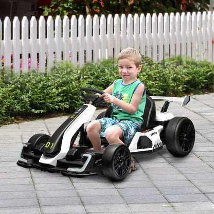 Electric Go-Kart for Children 6-12 Years 24V 12km/h with Adjustable Seat, Drift Go-Kart with Horn, Lights and Music, White
