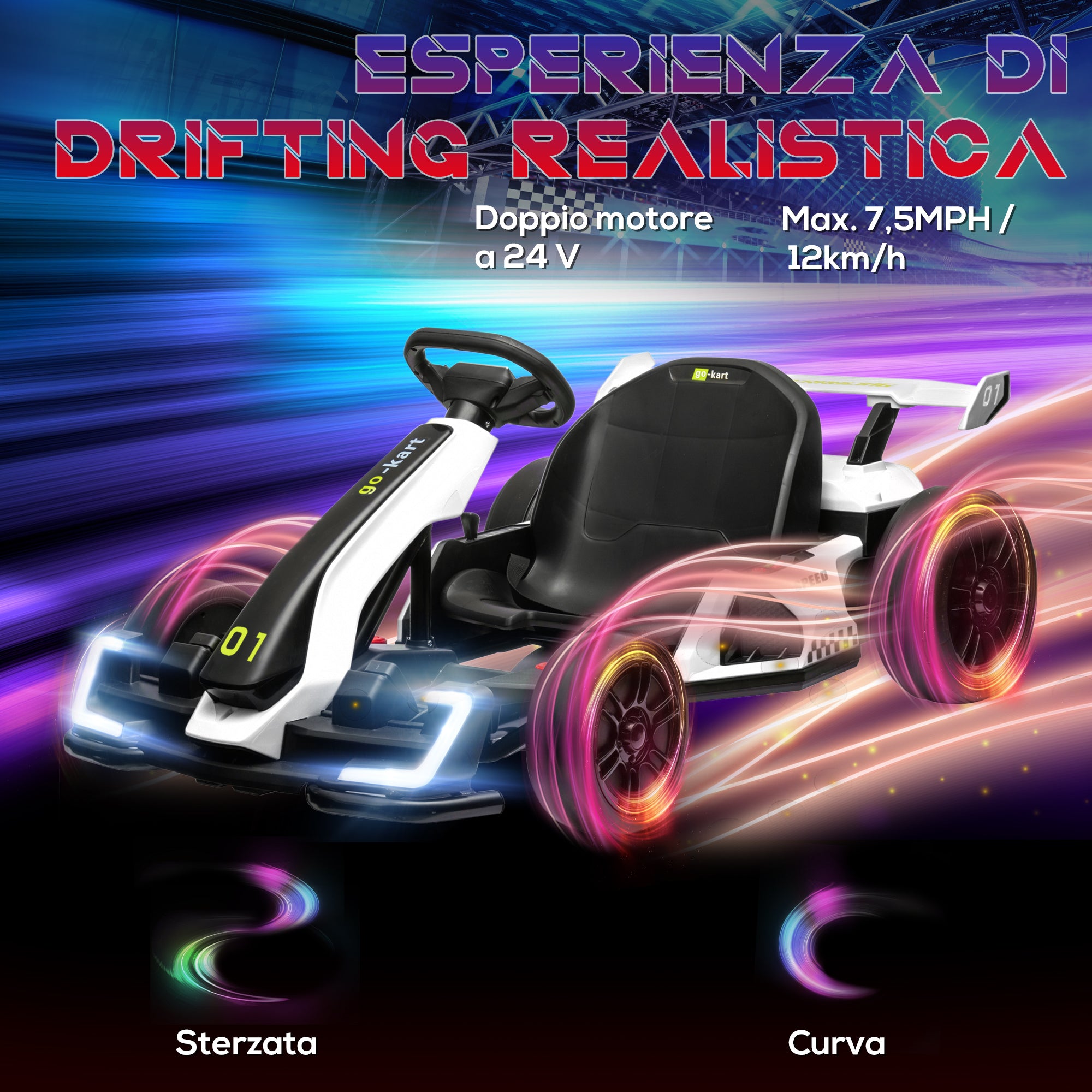 Electric Go-Kart for Children 6-12 Years 24V 12km/h with Adjustable Seat, Drift Go-Kart with Horn, Lights and Music, White
