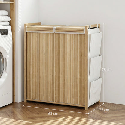 120L Bamboo Laundry Hamper with Lid, 2 Compartments, Removable Drawstring Washable Liners, Side Pockets, 24.8 x 13.0 x 30.7 in, Natural