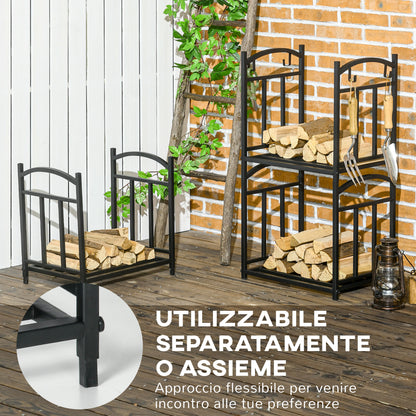 Firewood Rack for Outdoor and Indoor Use 3 Levels, Separate or Stacked, Metal Wood Rack with Tool Hooks, Black