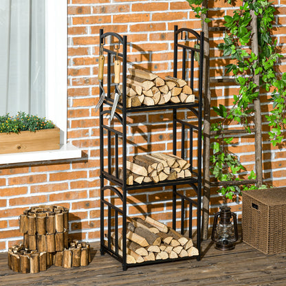 Firewood Rack for Outdoor and Indoor Use 3 Levels, Separate or Stacked, Metal Wood Rack with Tool Hooks, Black