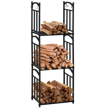 Firewood Rack for Outdoor and Indoor Use 3 Levels, Separate or Stacked, Metal Wood Rack with Tool Hooks, Black