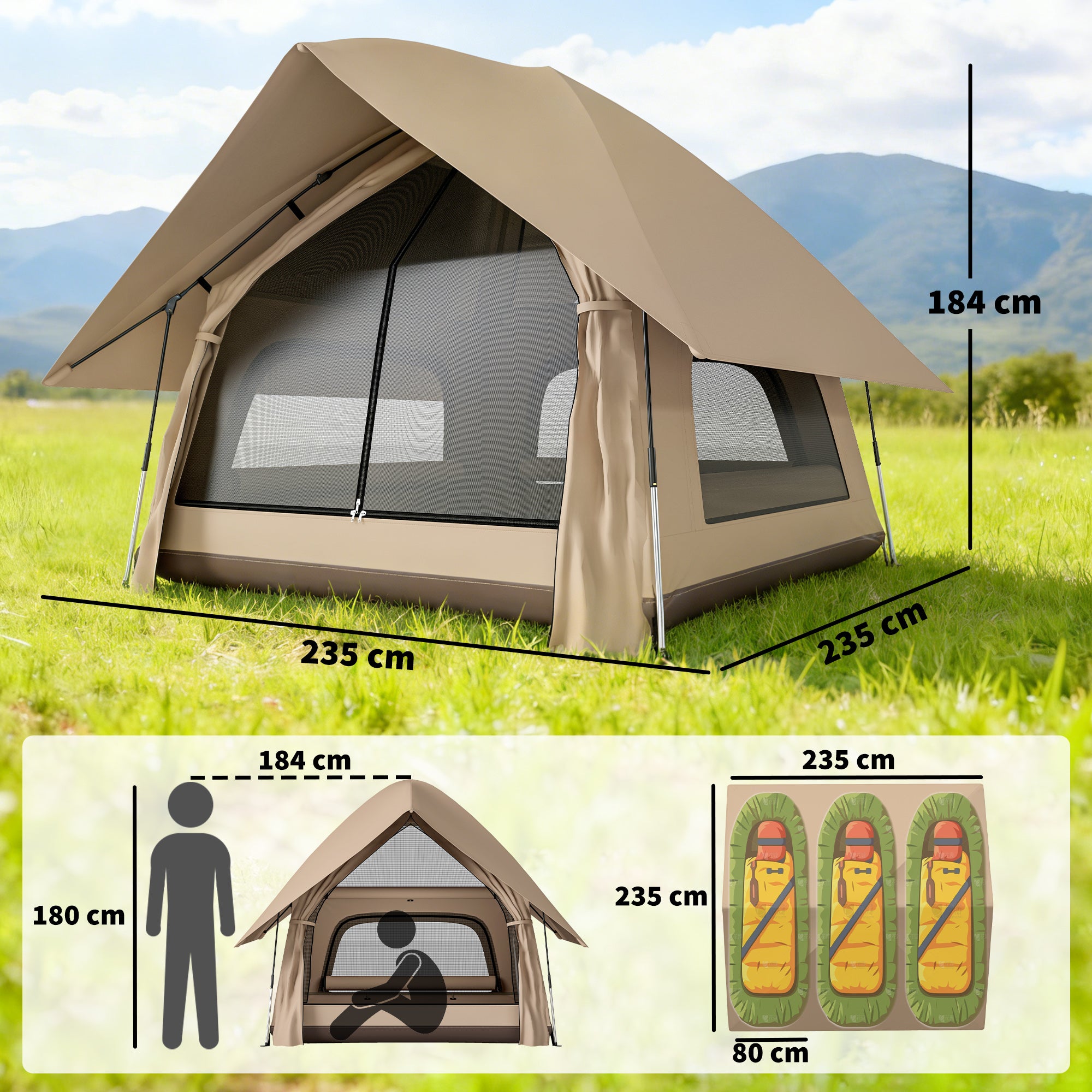 Pop-Up Camping Tent for 2–3 People, Portable Foldable Dome, 3000 mm Waterproof, 3 Mesh Windows, Integrated Floor & Carry Bag, 235 x 235 x 184 cm (Khaki)