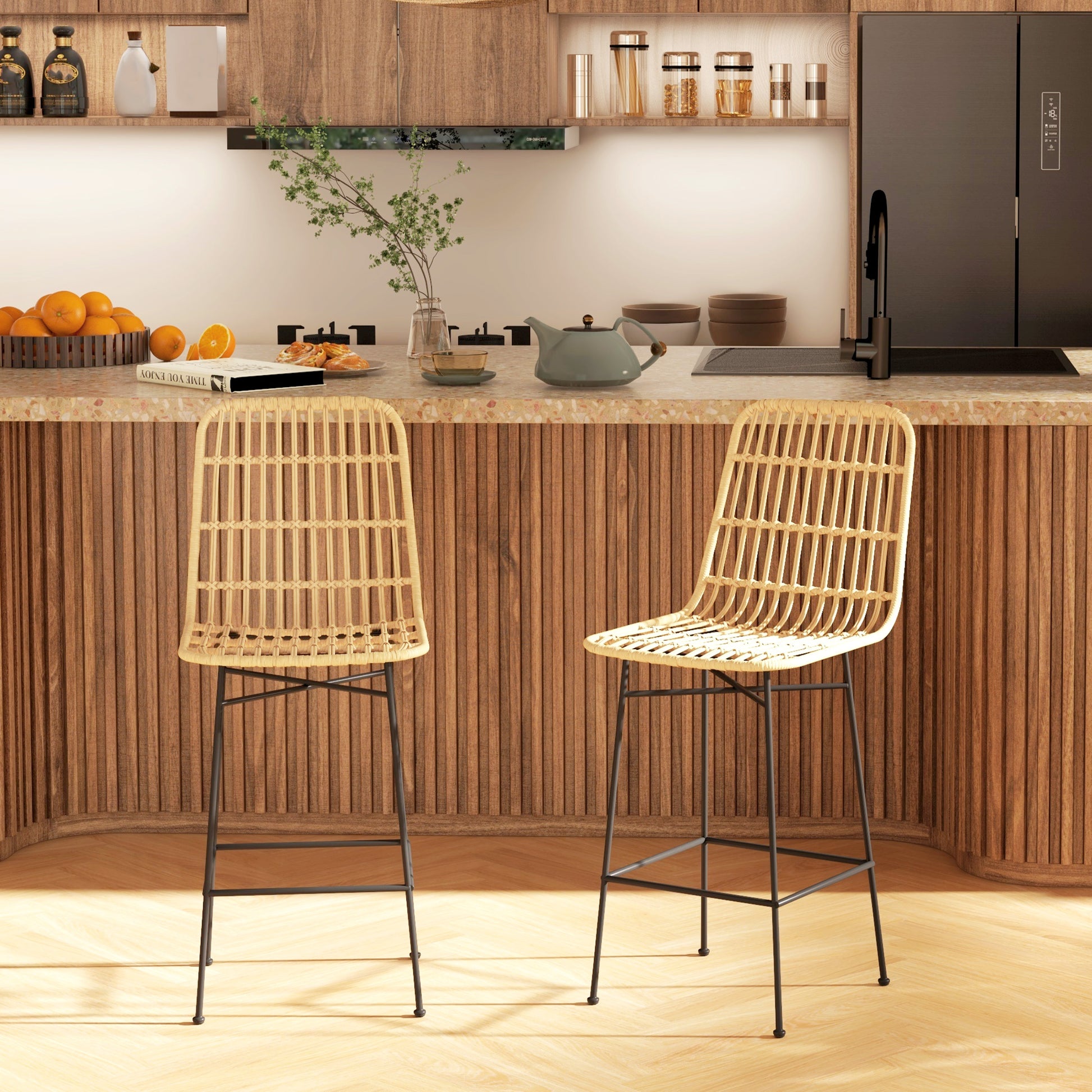 Bar Stool Set of 2, Bar Chair, Counter Stools with Backrest made of PE Rattan, Bar Chairs in Boho Design, Kitchen Stools for Kitchen, Dining Room, Steel, Yellow