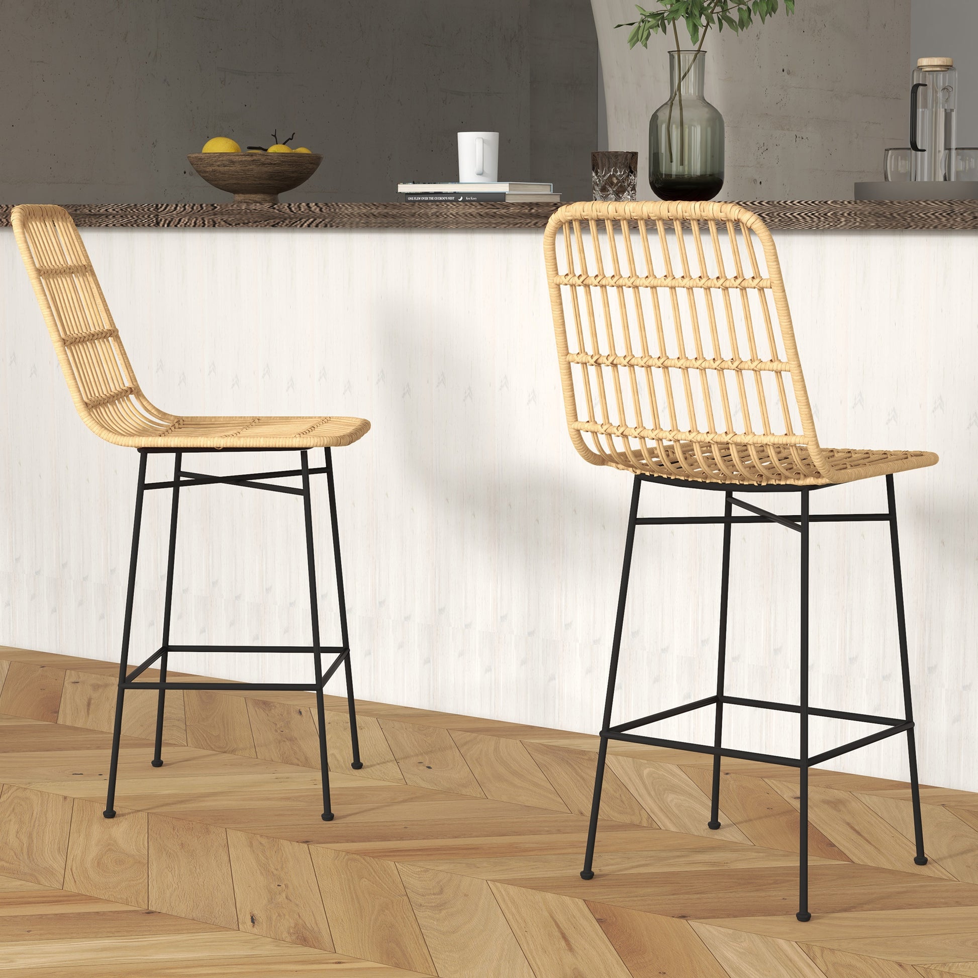 Bar Stool Set of 2, Bar Chair, Counter Stools with Backrest made of PE Rattan, Bar Chairs in Boho Design, Kitchen Stools for Kitchen, Dining Room, Steel, Yellow