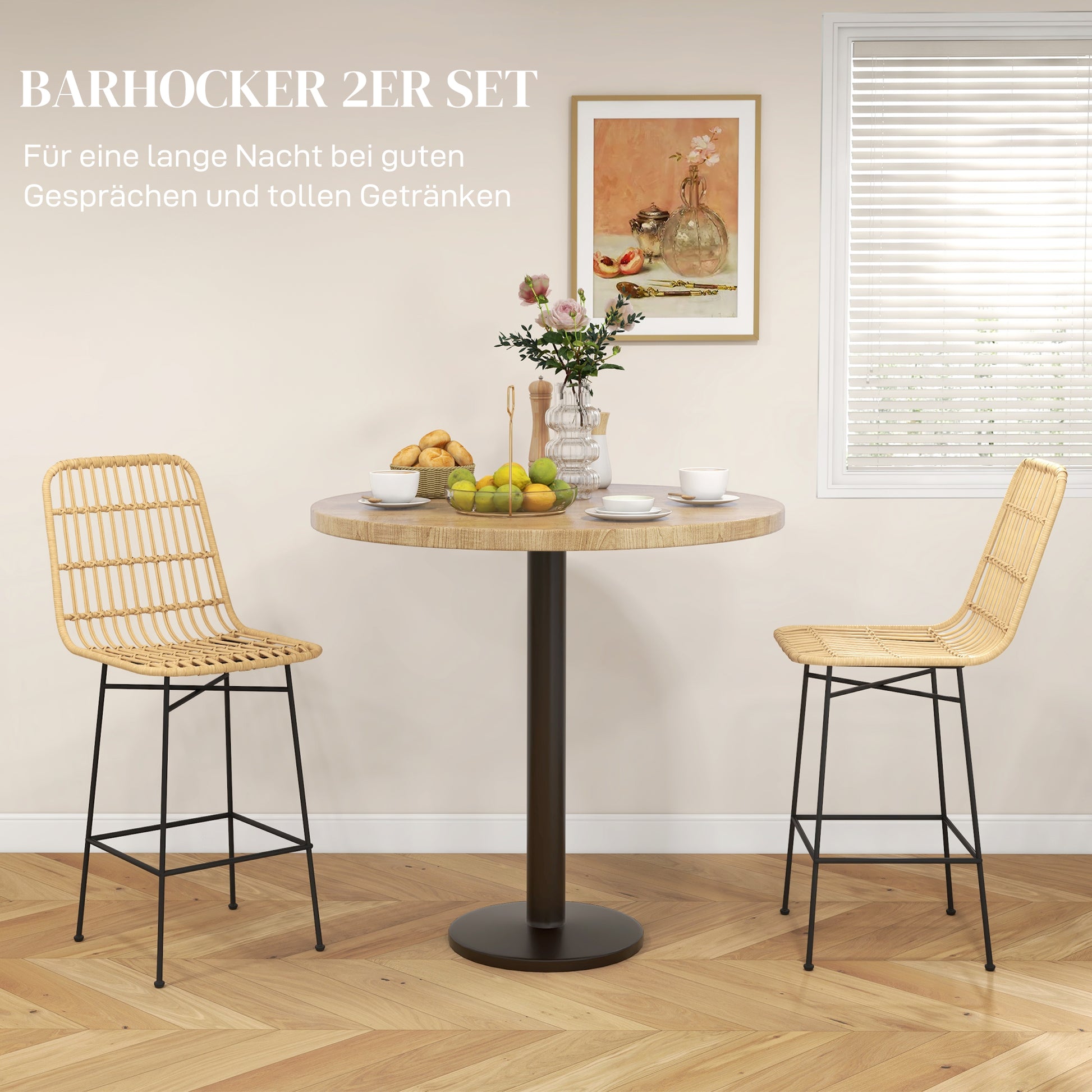 Bar Stool Set of 2, Bar Chair, Counter Stools with Backrest made of PE Rattan, Bar Chairs in Boho Design, Kitchen Stools for Kitchen, Dining Room, Steel, Yellow