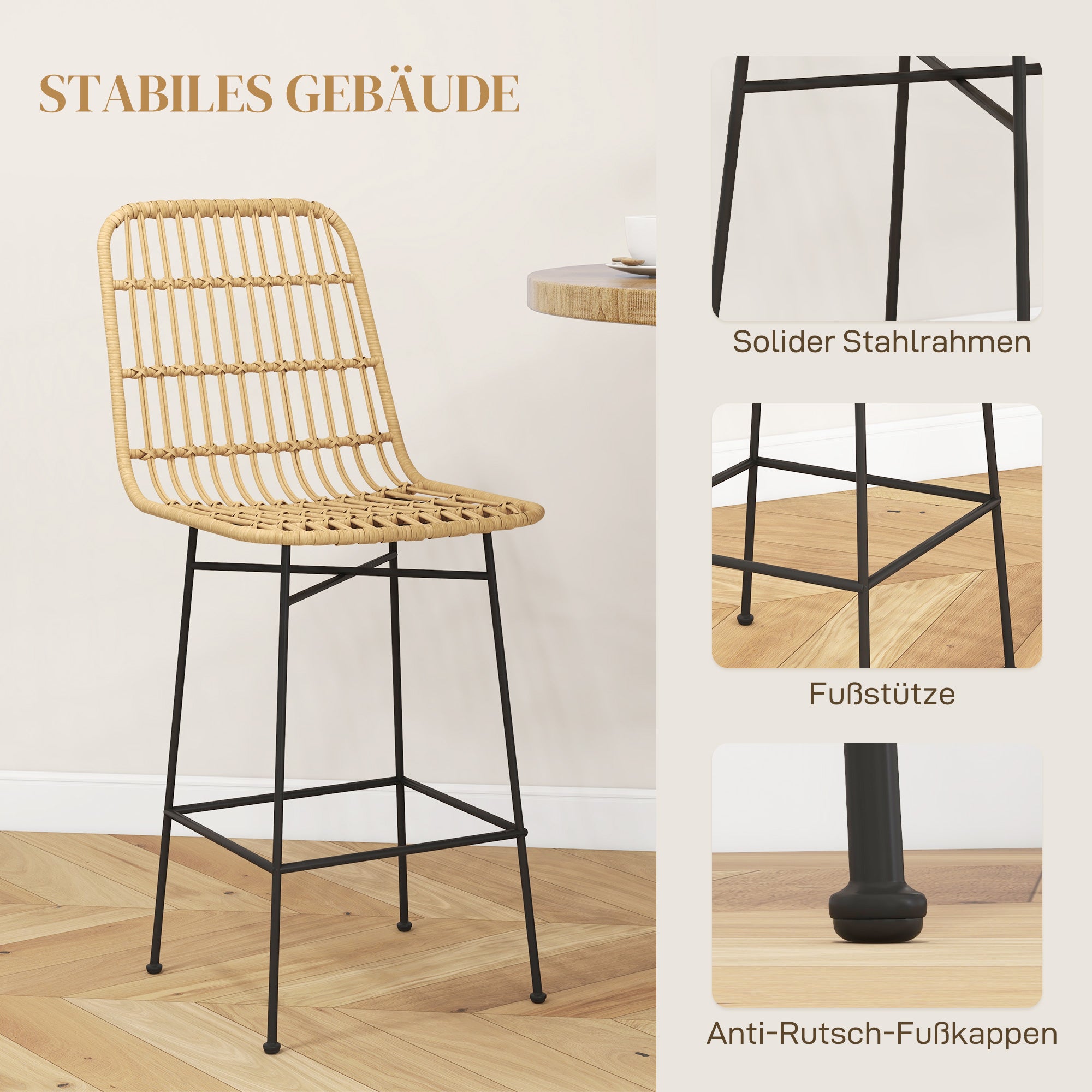Bar Stool Set of 2, Bar Chair, Counter Stools with Backrest made of PE Rattan, Bar Chairs in Boho Design, Kitchen Stools for Kitchen, Dining Room, Steel, Yellow