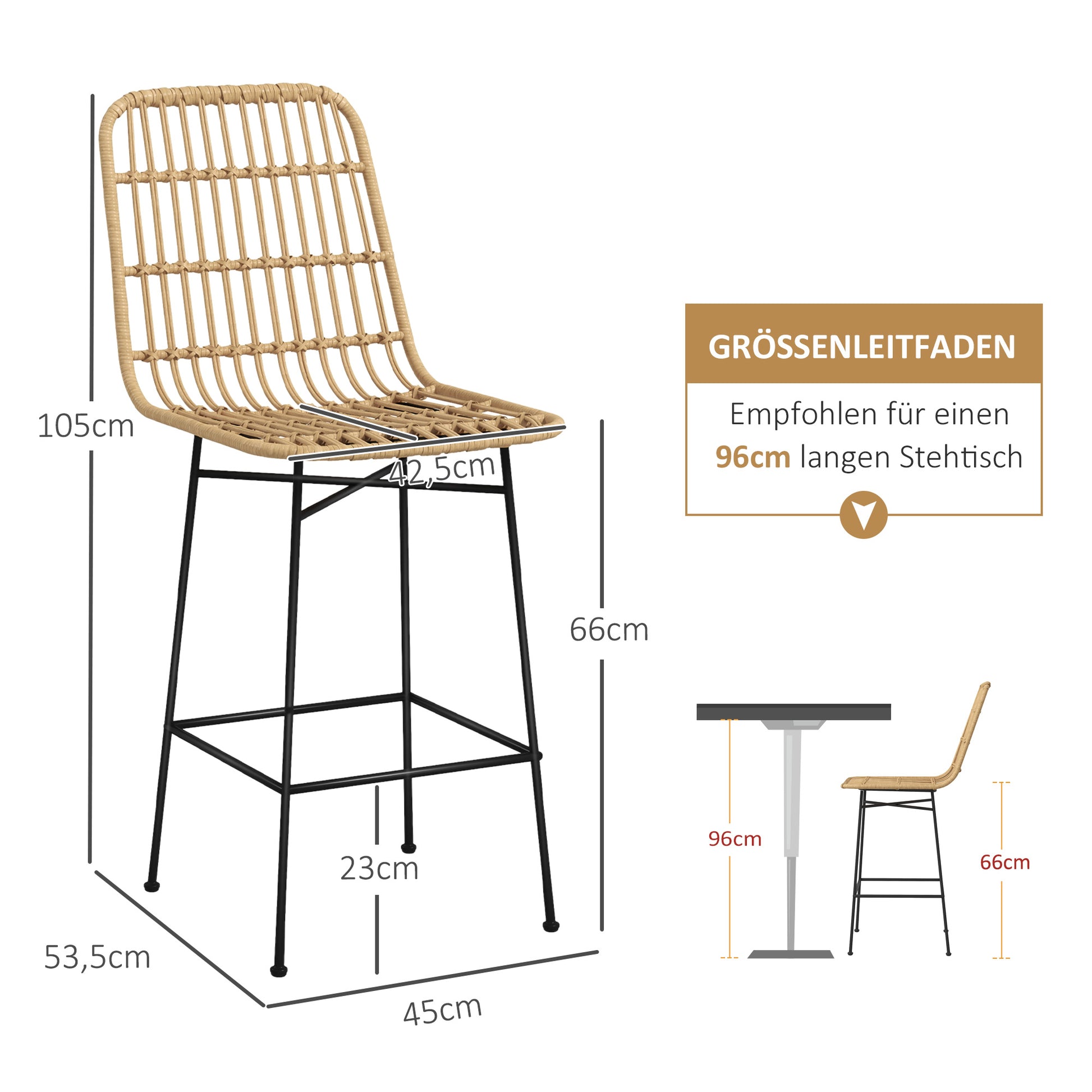 Bar Stool Set of 2, Bar Chair, Counter Stools with Backrest made of PE Rattan, Bar Chairs in Boho Design, Kitchen Stools for Kitchen, Dining Room, Steel, Yellow