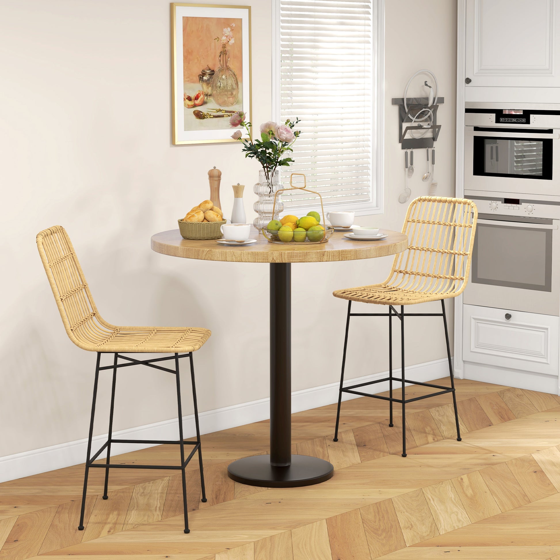 Bar Stool Set of 2, Bar Chair, Counter Stools with Backrest made of PE Rattan, Bar Chairs in Boho Design, Kitchen Stools for Kitchen, Dining Room, Steel, Yellow