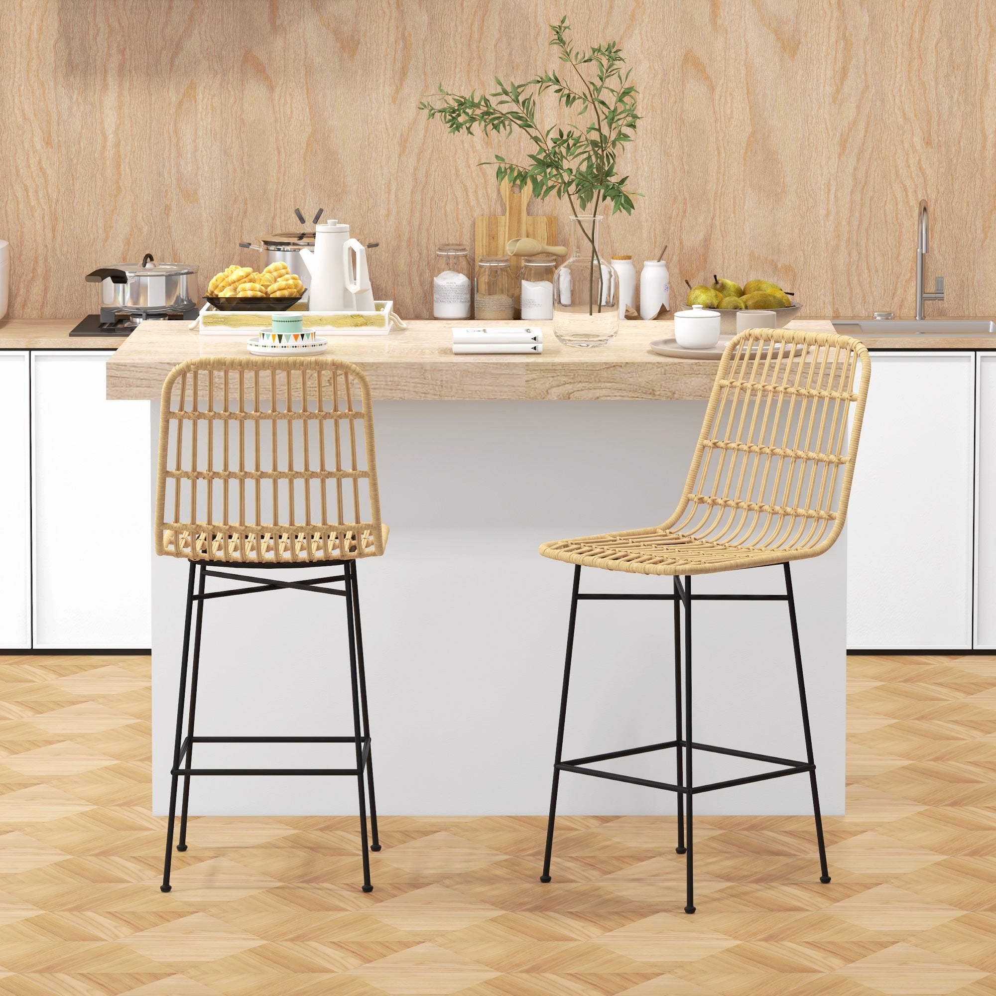 Bar Stool Set of 2, Bar Chair, Counter Stools with Backrest made of PE Rattan, Bar Chairs in Boho Design, Kitchen Stools for Kitchen, Dining Room, Steel, Yellow