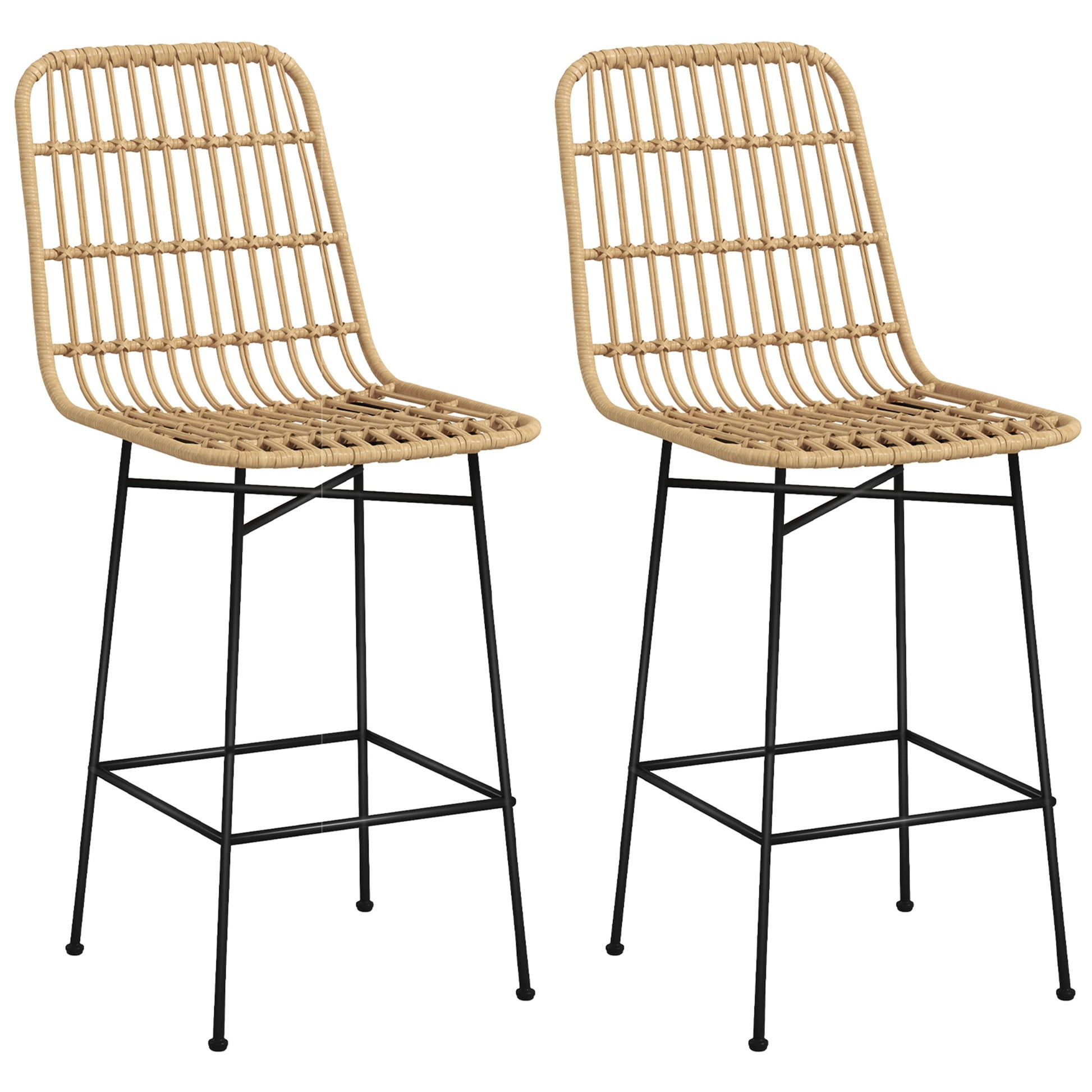 Bar Stool Set of 2, Bar Chair, Counter Stools with Backrest made of PE Rattan, Bar Chairs in Boho Design, Kitchen Stools for Kitchen, Dining Room, Steel, Yellow