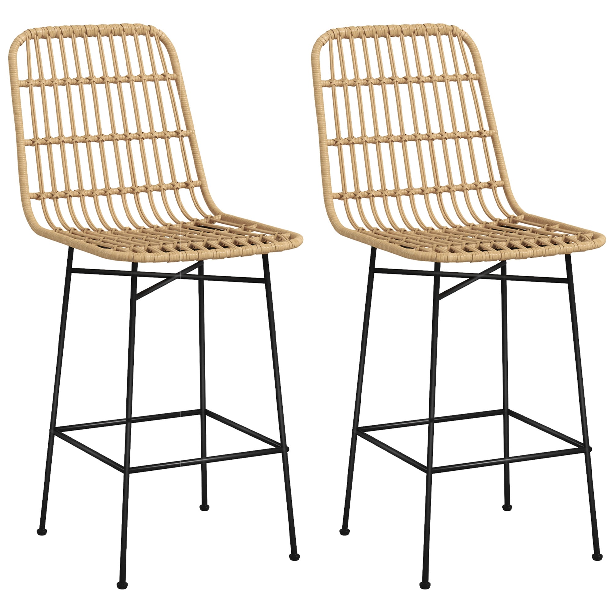 Bar Stool Set of 2, Bar Chair, Counter Stools with Backrest made of PE Rattan, Bar Chairs in Boho Design, Kitchen Stools for Kitchen, Dining Room, Steel, Yellow