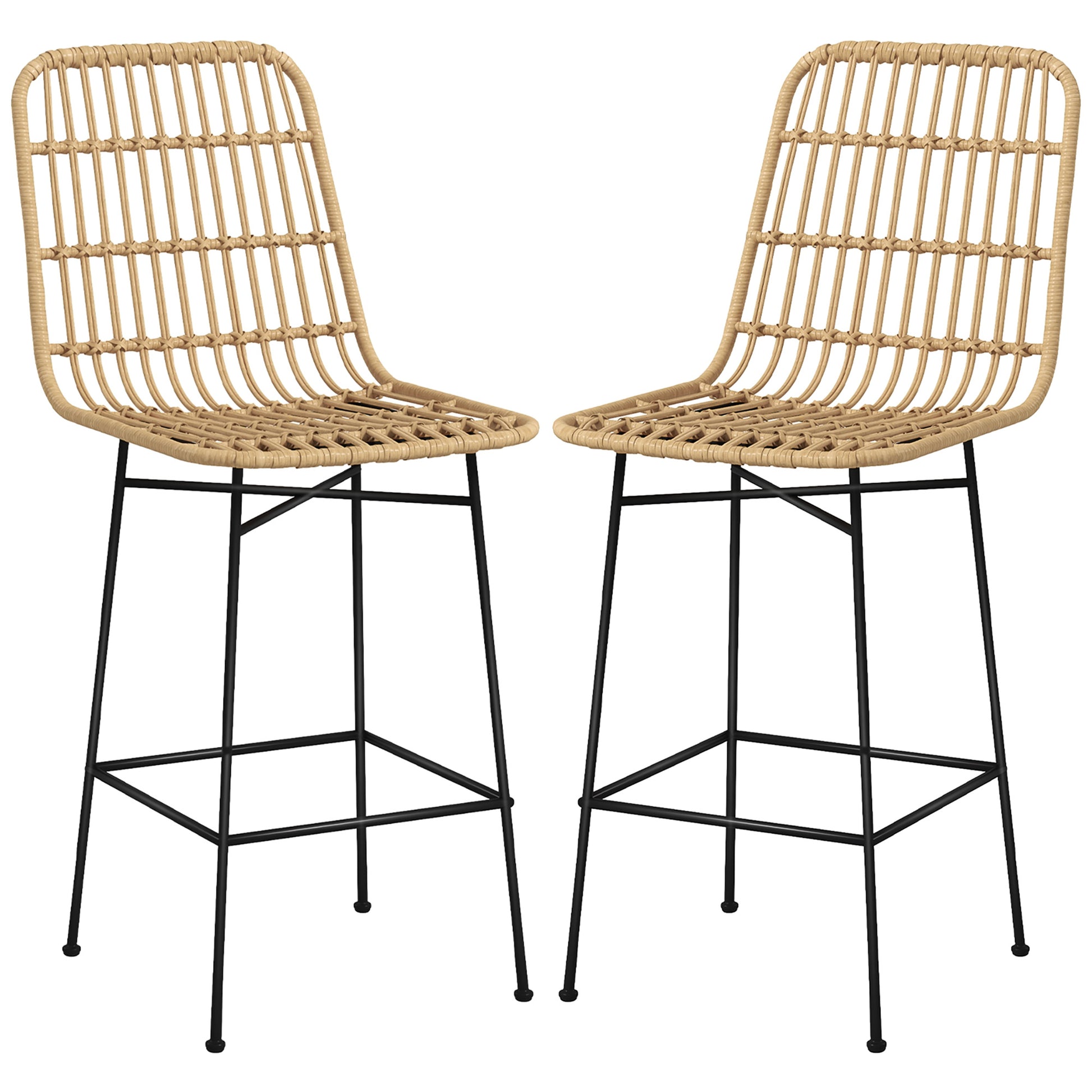 Bar Stool Set of 2, Bar Chair, Counter Stools with Backrest made of PE Rattan, Bar Chairs in Boho Design, Kitchen Stools for Kitchen, Dining Room, Steel, Yellow