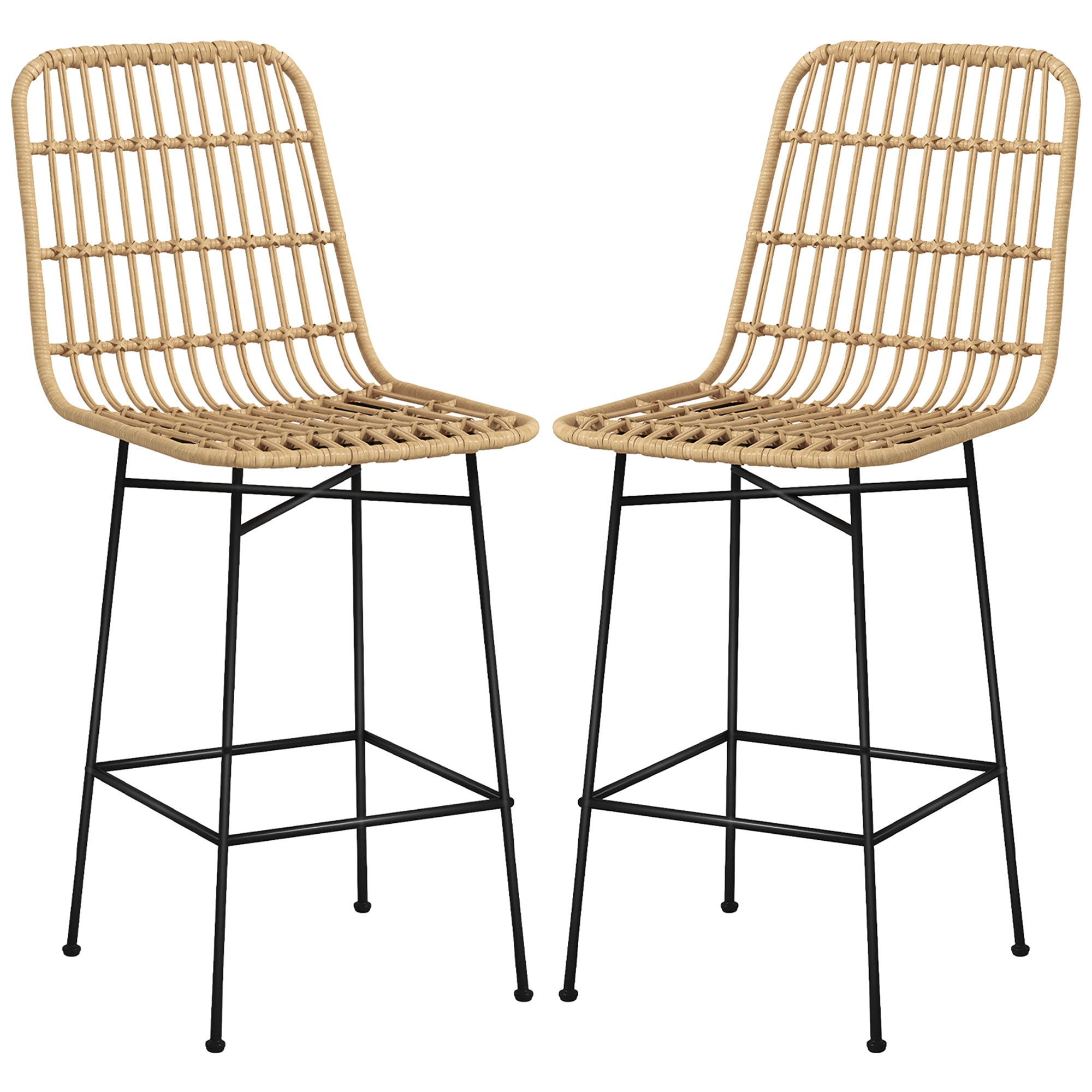 Bar Stool Set of 2, Bar Chair, Counter Stools with Backrest made of PE Rattan, Bar Chairs in Boho Design, Kitchen Stools for Kitchen, Dining Room, Steel, Yellow