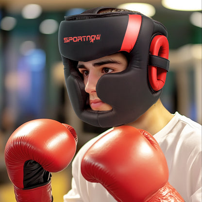 SPORTNOW Boxing Helmet MMA Headgear with Adjustable Strap for Grappling Sparring Martial Arts Kickboxing Karate Size L Red and Black