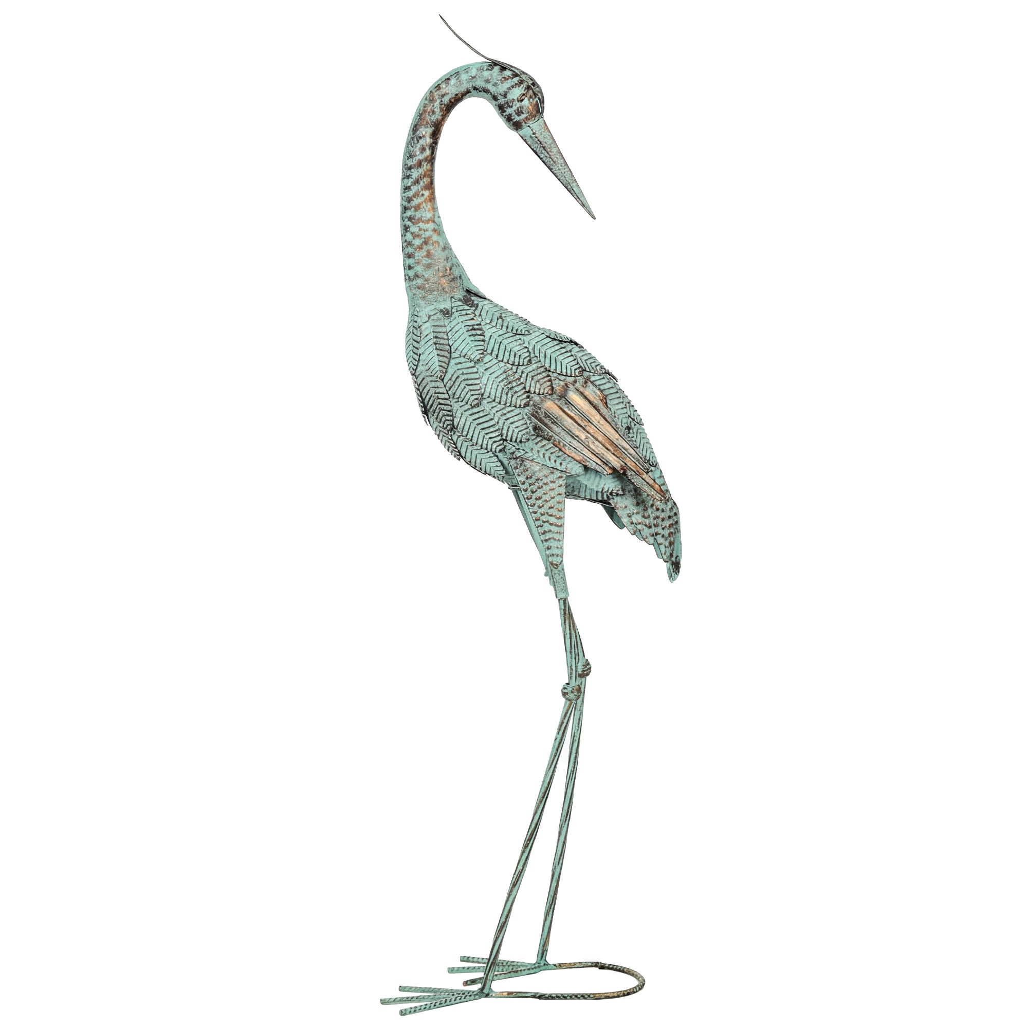 Heron Garden Statue, Metal Outdoor Bird Sculpture Standing 88 cm with Ground Anchors for Patio, Pond, Landscape Decoration, Green + Bronze