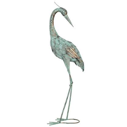 Heron Garden Statue, Metal Outdoor Bird Sculpture Standing 88 cm with Ground Anchors for Patio, Pond, Landscape Decoration, Green + Bronze