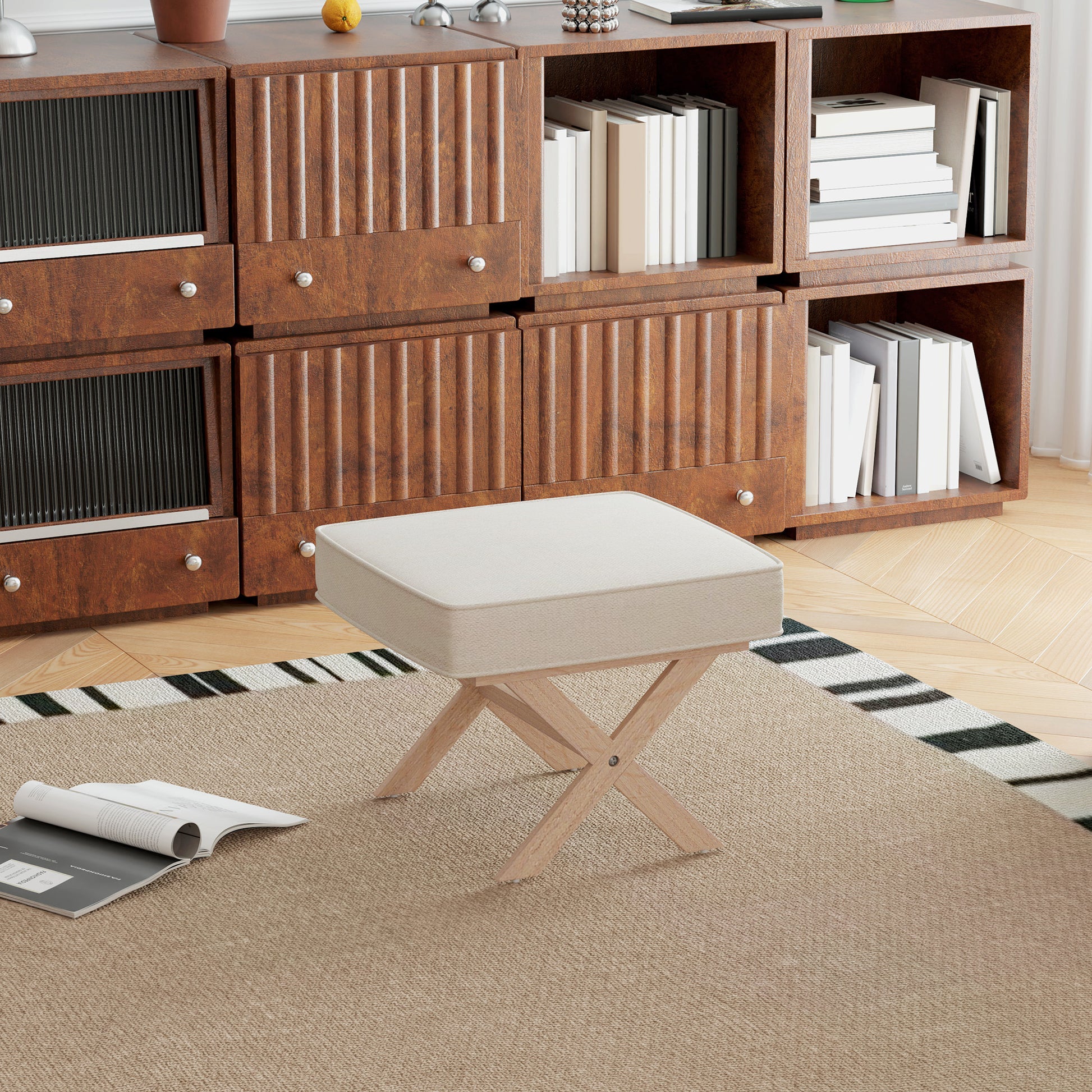 Footstool Round Stool with Soft Seat Cushion, Wooden Legs Footstool with Linen Look Anti-Slip Padding Ottoman for Bedroom, Living Room, Beige