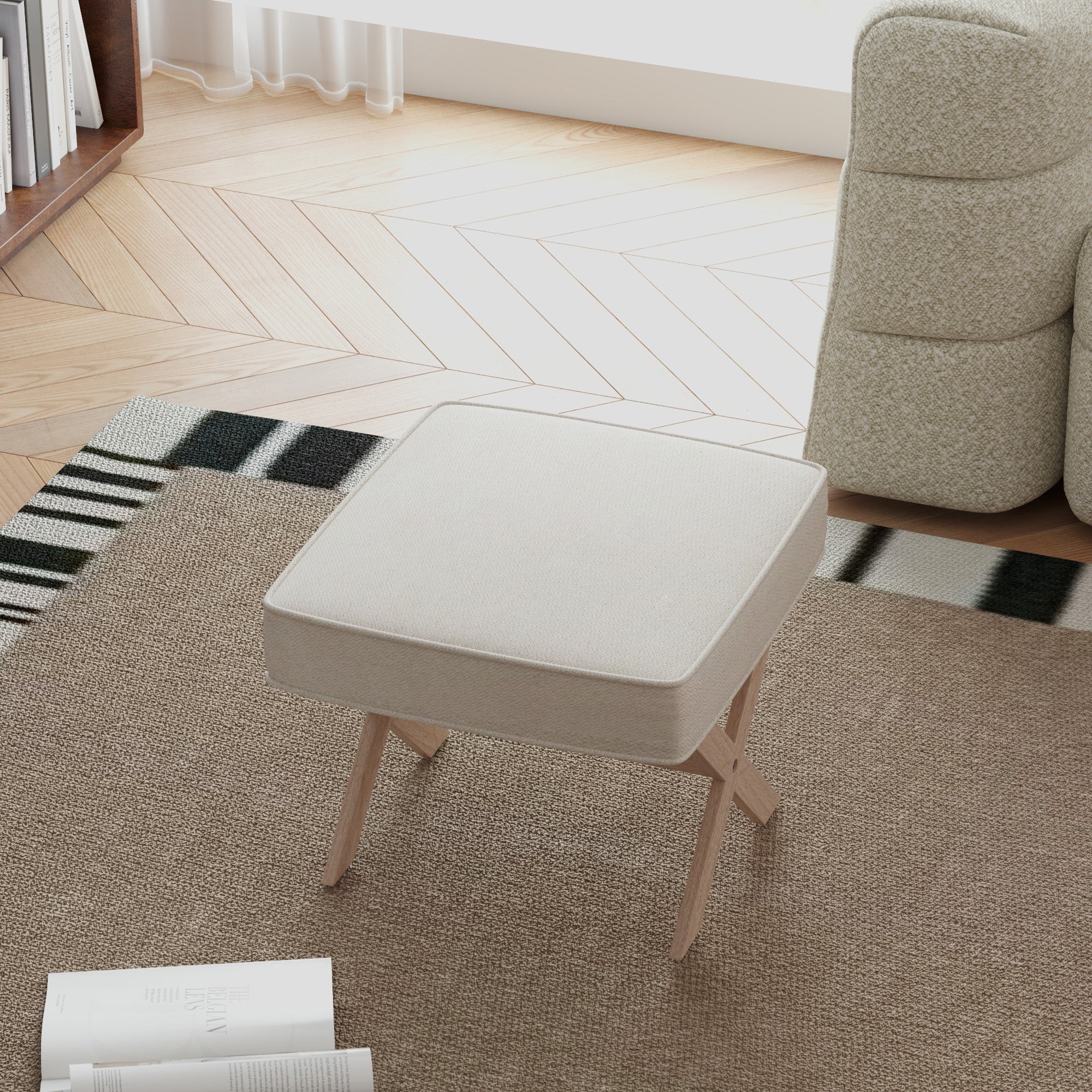 Footstool Round Stool with Soft Seat Cushion, Wooden Legs Footstool with Linen Look Anti-Slip Padding Ottoman for Bedroom, Living Room, Beige