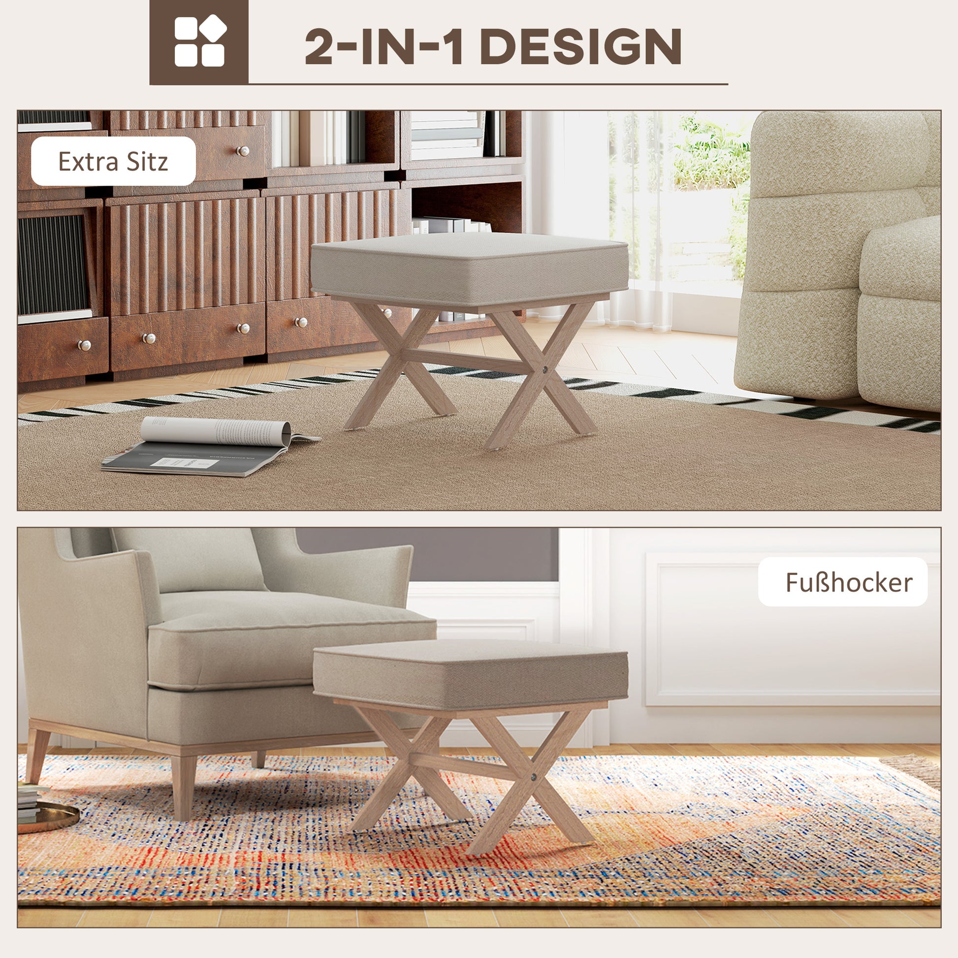 Footstool Round Stool with Soft Seat Cushion, Wooden Legs Footstool with Linen Look Anti-Slip Padding Ottoman for Bedroom, Living Room, Beige