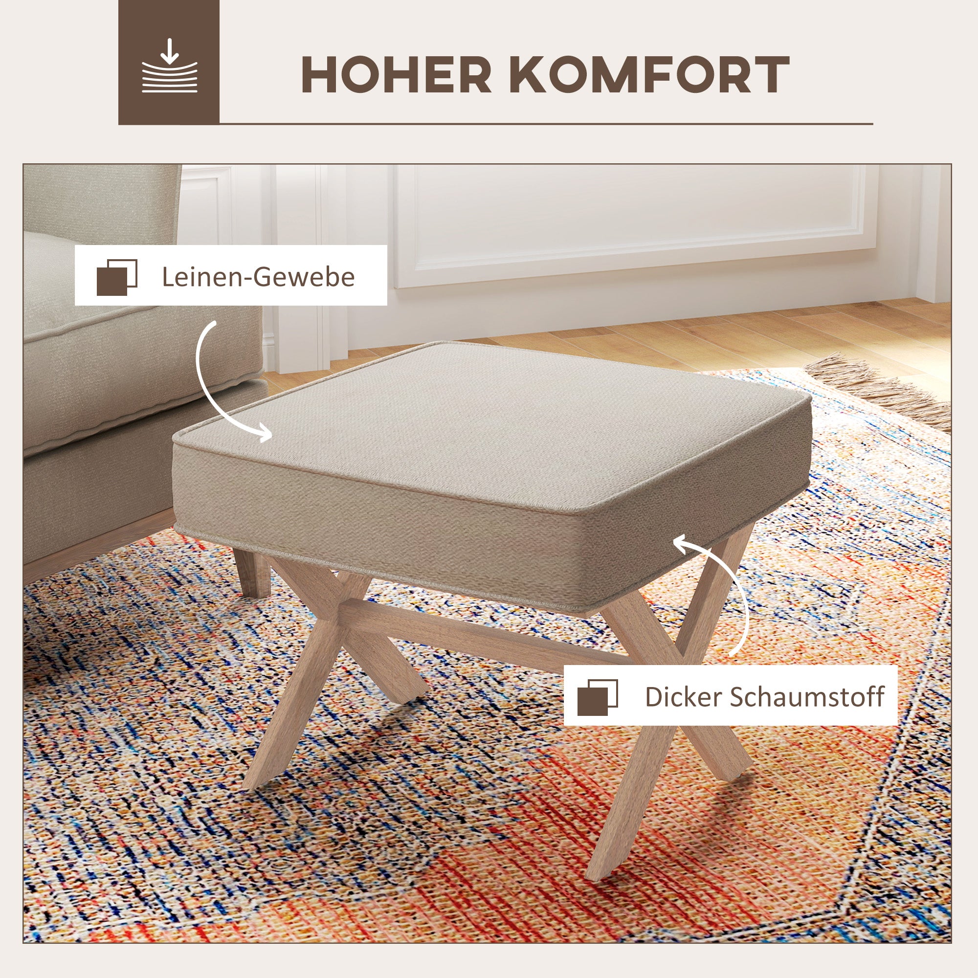 Footstool Round Stool with Soft Seat Cushion, Wooden Legs Footstool with Linen Look Anti-Slip Padding Ottoman for Bedroom, Living Room, Beige