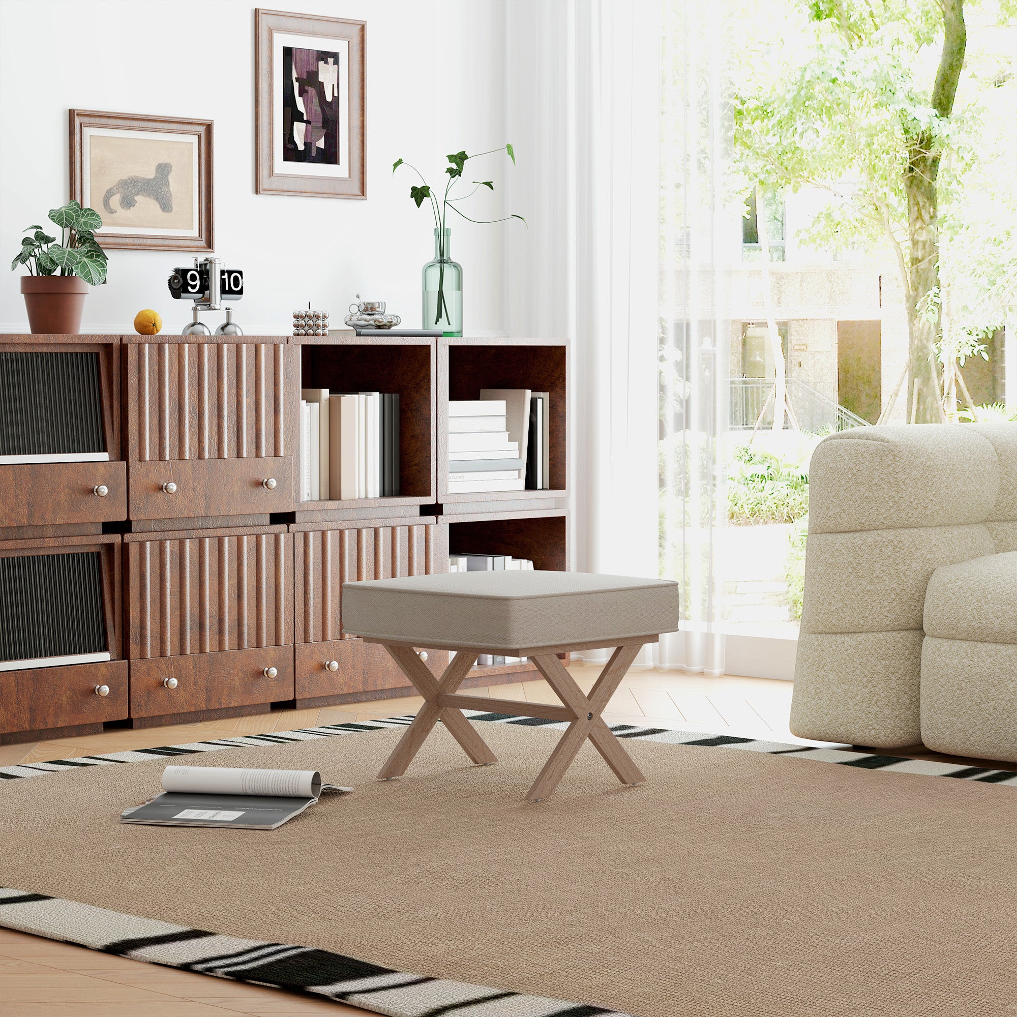 Footstool Round Stool with Soft Seat Cushion, Wooden Legs Footstool with Linen Look Anti-Slip Padding Ottoman for Bedroom, Living Room, Beige