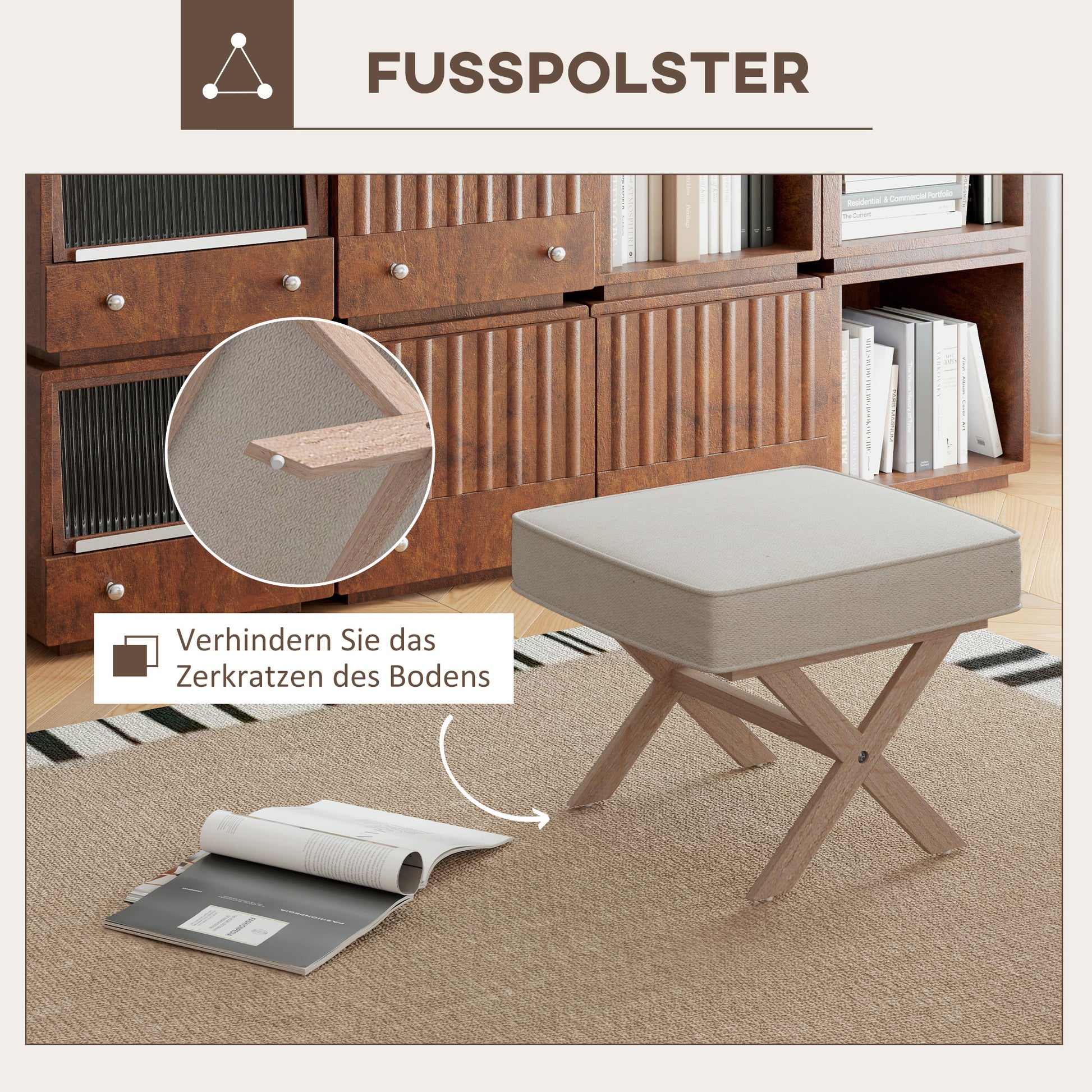 Footstool Round Stool with Soft Seat Cushion, Wooden Legs Footstool with Linen Look Anti-Slip Padding Ottoman for Bedroom, Living Room, Beige