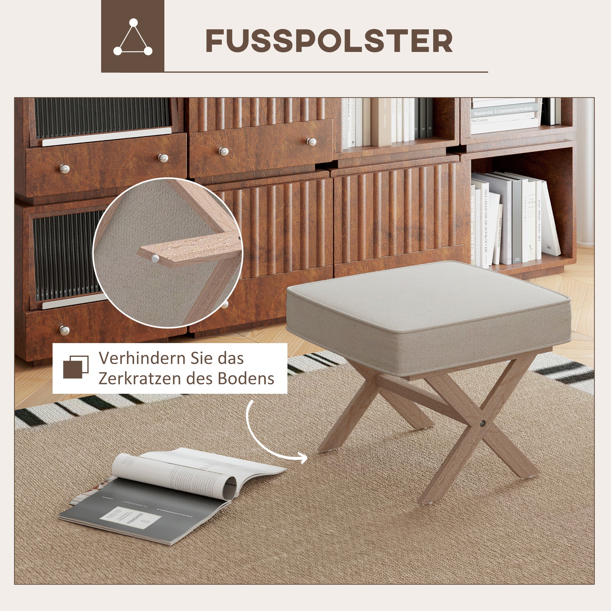 Footstool Round Stool with Soft Seat Cushion, Wooden Legs Footstool with Linen Look Anti-Slip Padding Ottoman for Bedroom, Living Room, Beige