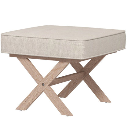 Footstool Round Stool with Soft Seat Cushion, Wooden Legs Footstool with Linen Look Anti-Slip Padding Ottoman for Bedroom, Living Room, Beige