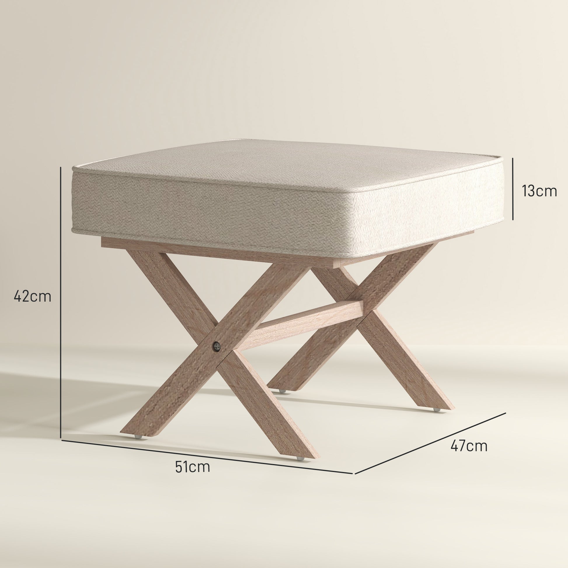 Footstool Round Stool with Soft Seat Cushion, Wooden Legs Footstool with Linen Look Anti-Slip Padding Ottoman for Bedroom, Living Room, Beige
