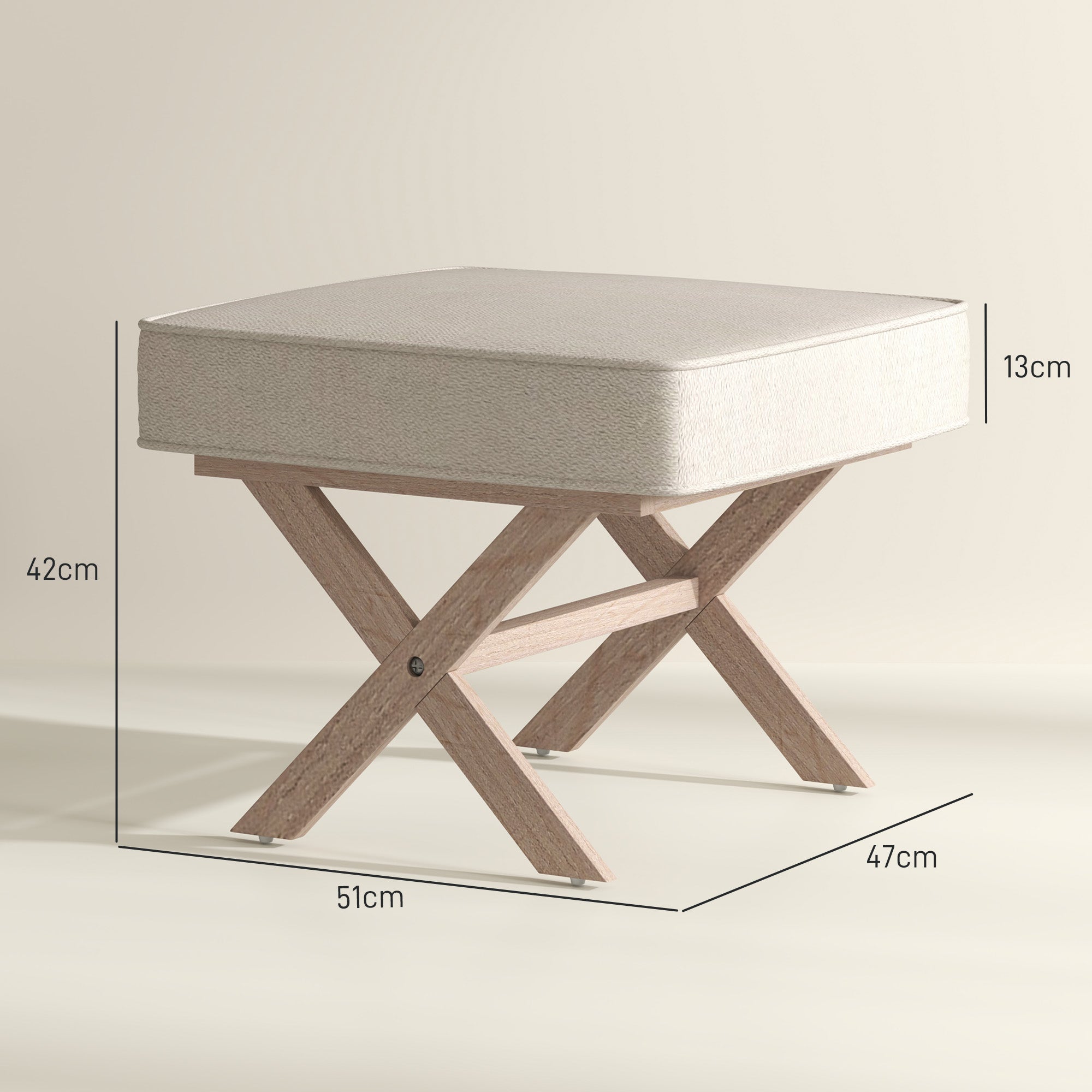 Footstool Round Stool with Soft Seat Cushion, Wooden Legs Footstool with Linen Look Anti-Slip Padding Ottoman for Bedroom, Living Room, Beige